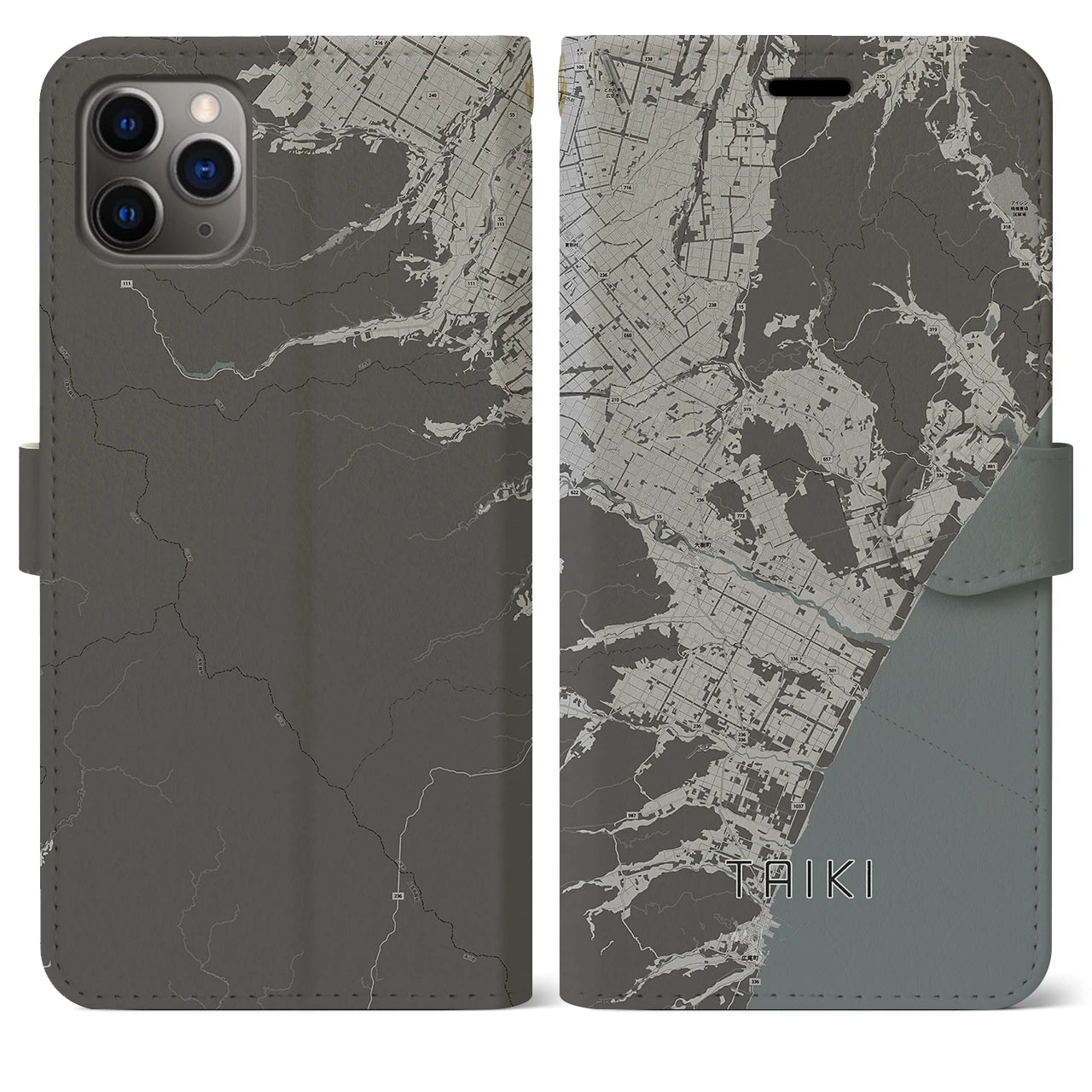 【大樹(北海道)】地図柄iPhoneケース(手帳タイプ)モノトーン・iPhone 11 Pro Max 用