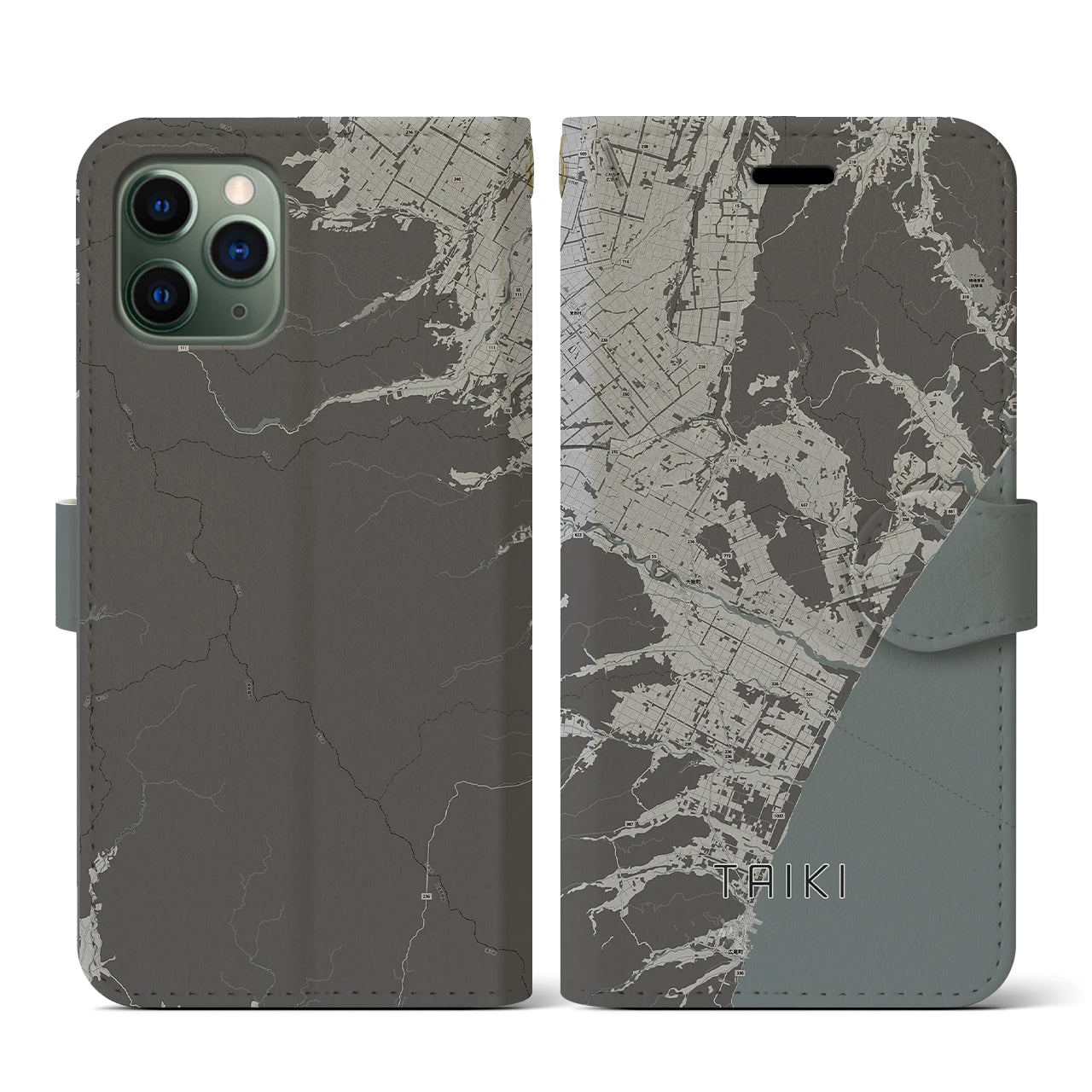 【大樹(北海道)】地図柄iPhoneケース(手帳タイプ)モノトーン・iPhone 11 Pro 用