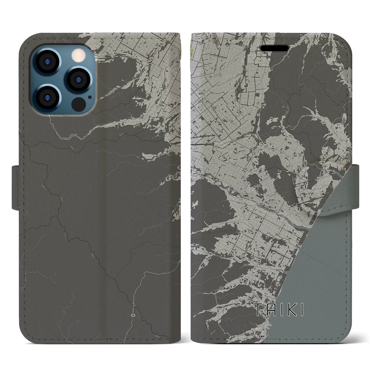 【大樹(北海道)】地図柄iPhoneケース(手帳タイプ)モノトーン・iPhone 12 / 12 Pro 用