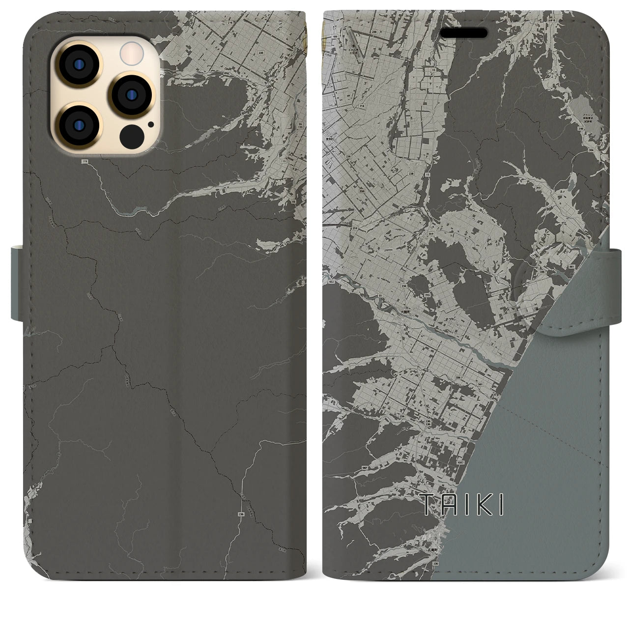 【大樹(北海道)】地図柄iPhoneケース(手帳タイプ)モノトーン・iPhone 12 Pro Max 用