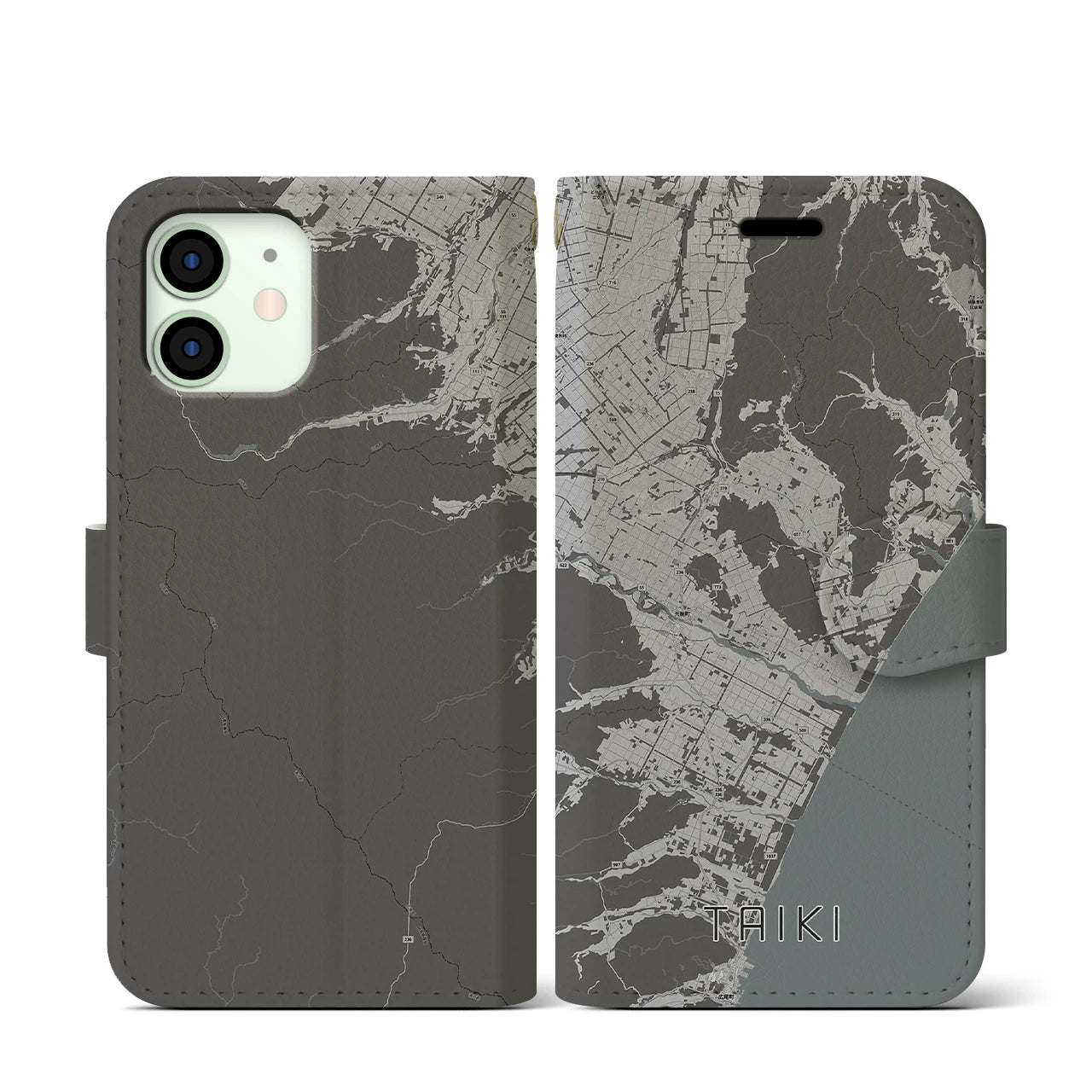 【大樹(北海道)】地図柄iPhoneケース(手帳タイプ)モノトーン・iPhone 12 mini 用