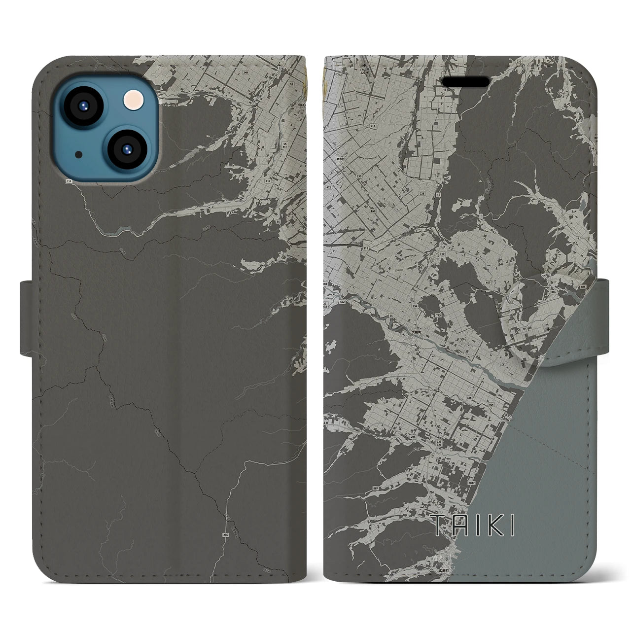 【大樹(北海道)】地図柄iPhoneケース(手帳タイプ)モノトーン・iPhone 13 用