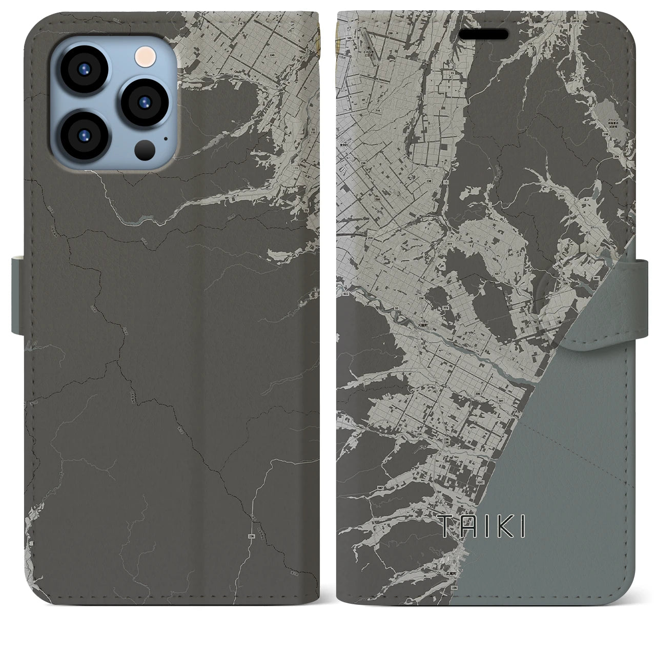 【大樹(北海道)】地図柄iPhoneケース(手帳タイプ)モノトーン・iPhone 13 Pro Max 用