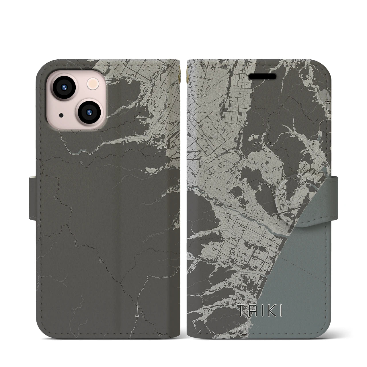 【大樹(北海道)】地図柄iPhoneケース(手帳タイプ)モノトーン・iPhone 13 mini 用