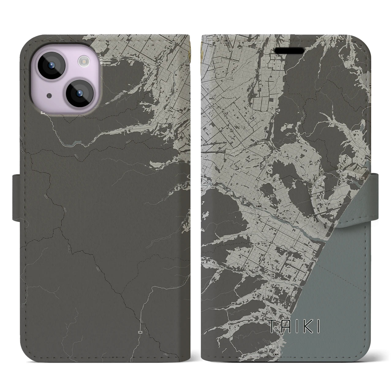 【大樹(北海道)】地図柄iPhoneケース(手帳タイプ)モノトーン・iPhone 14 用
