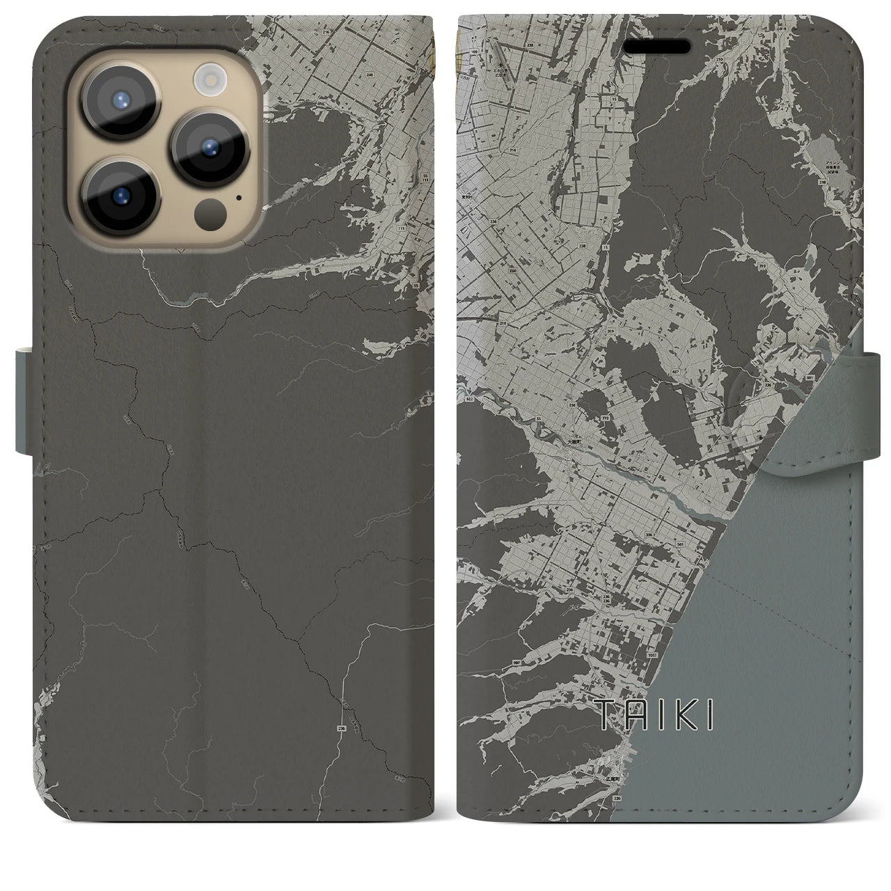 【大樹(北海道)】地図柄iPhoneケース(手帳タイプ)モノトーン・iPhone 14 Pro Max 用