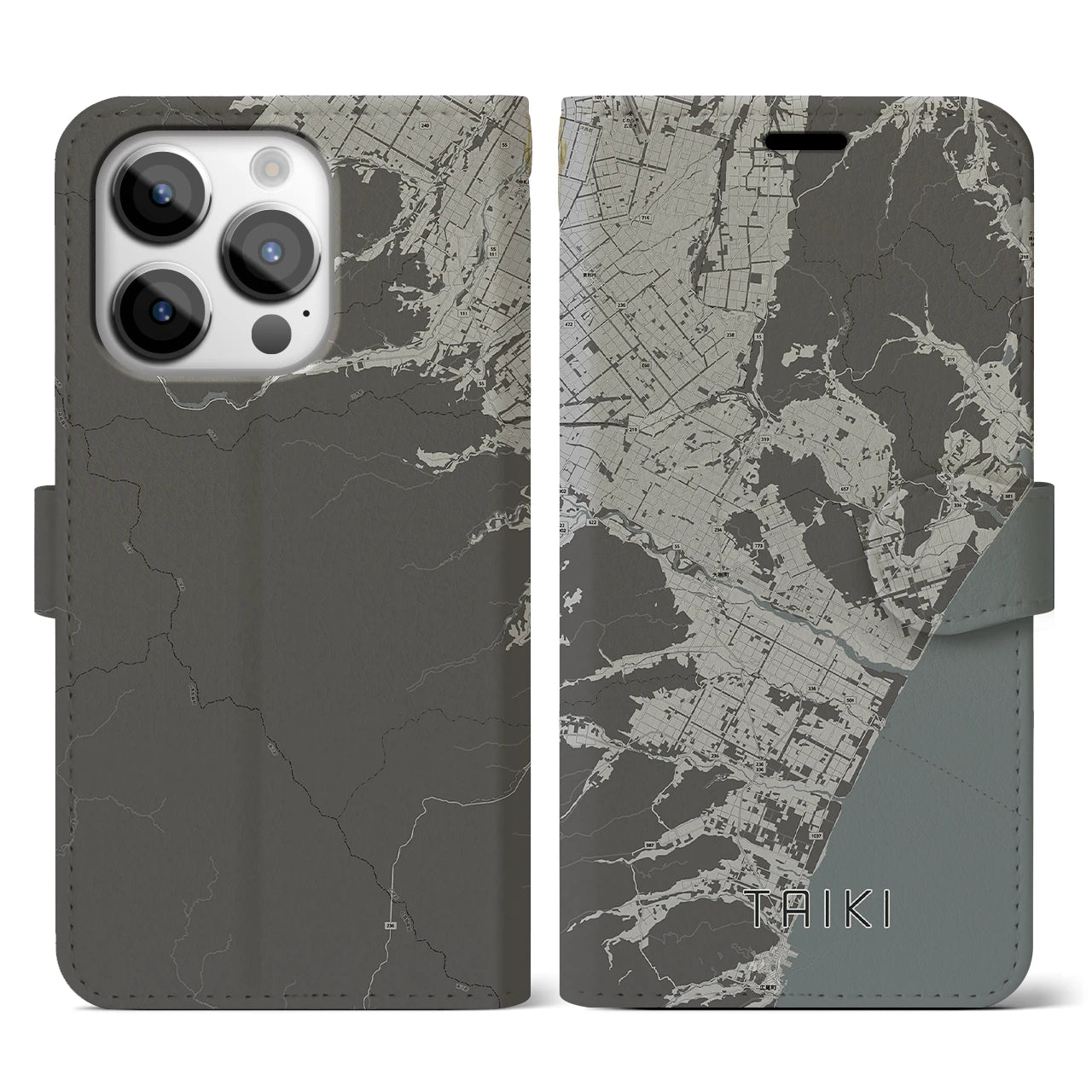 【大樹(北海道)】地図柄iPhoneケース(手帳タイプ)モノトーン・iPhone 14 Pro 用