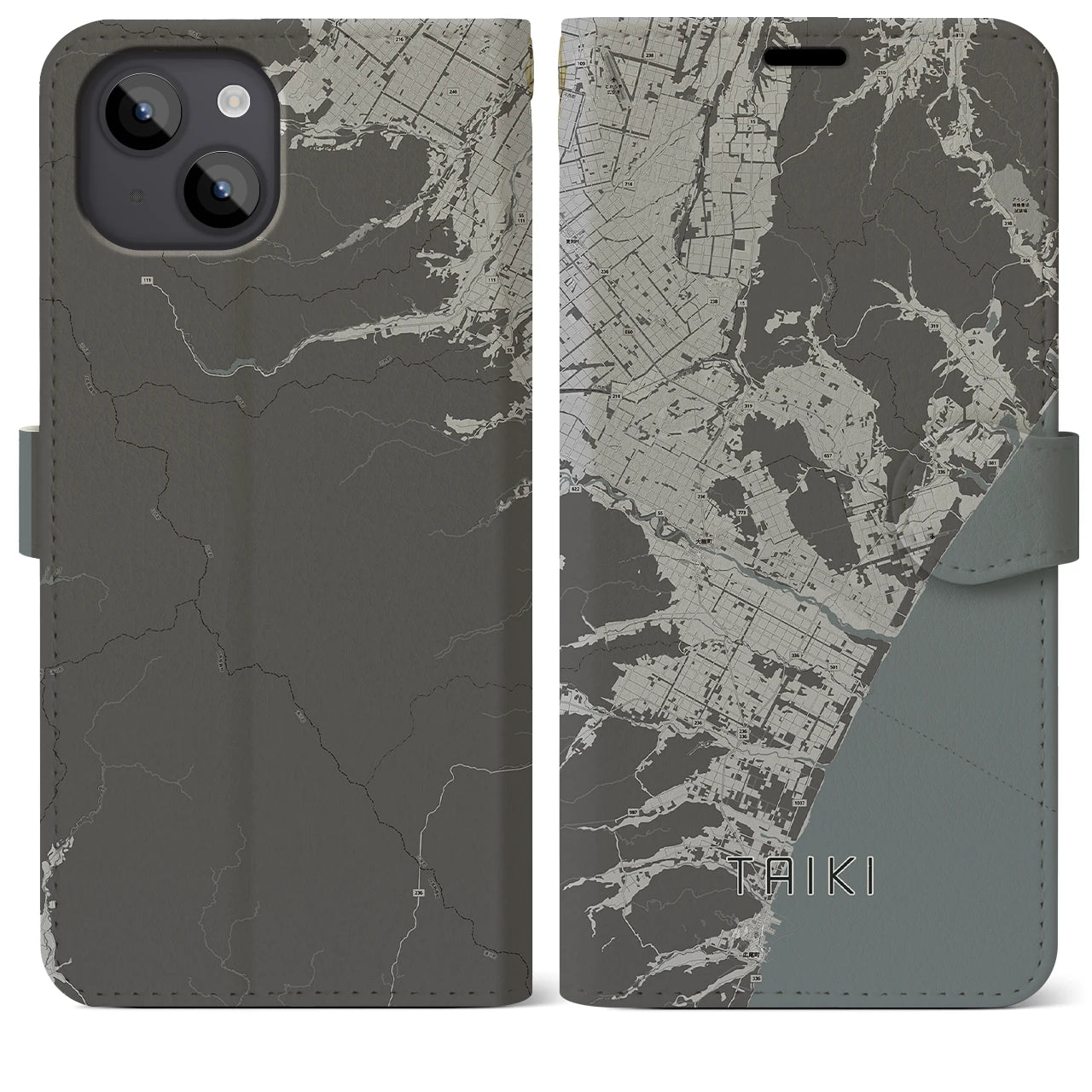 【大樹(北海道)】地図柄iPhoneケース(手帳タイプ)モノトーン・iPhone 14 Plus 用