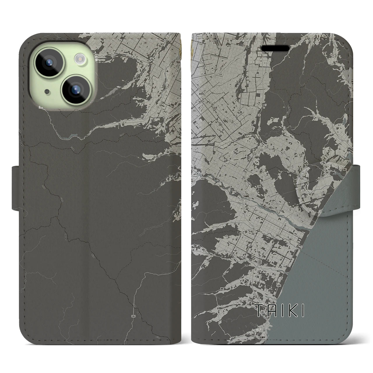 【大樹(北海道)】地図柄iPhoneケース(手帳タイプ)モノトーン・iPhone 15 用