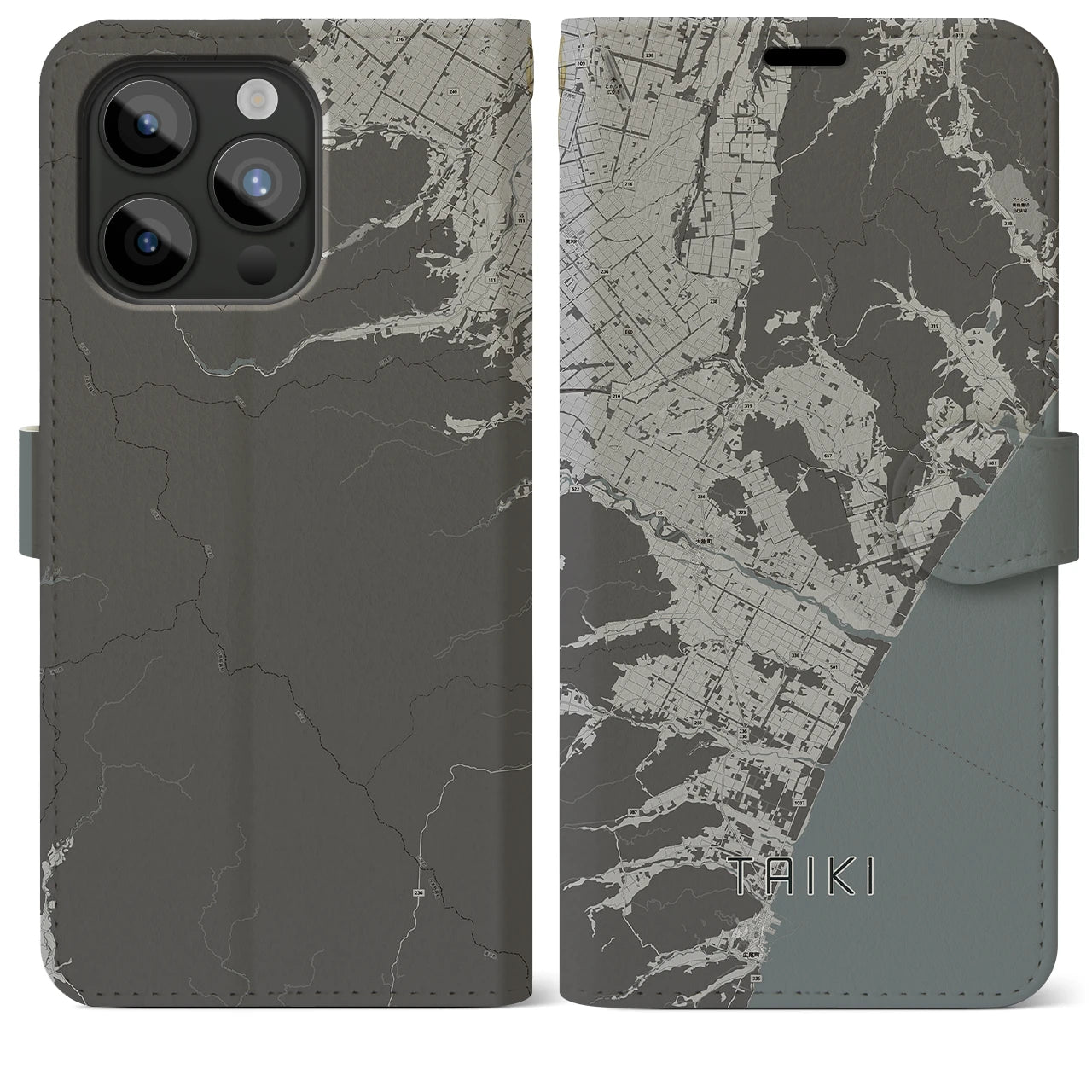 【大樹(北海道)】地図柄iPhoneケース(手帳タイプ)モノトーン・iPhone 15 Pro Max 用