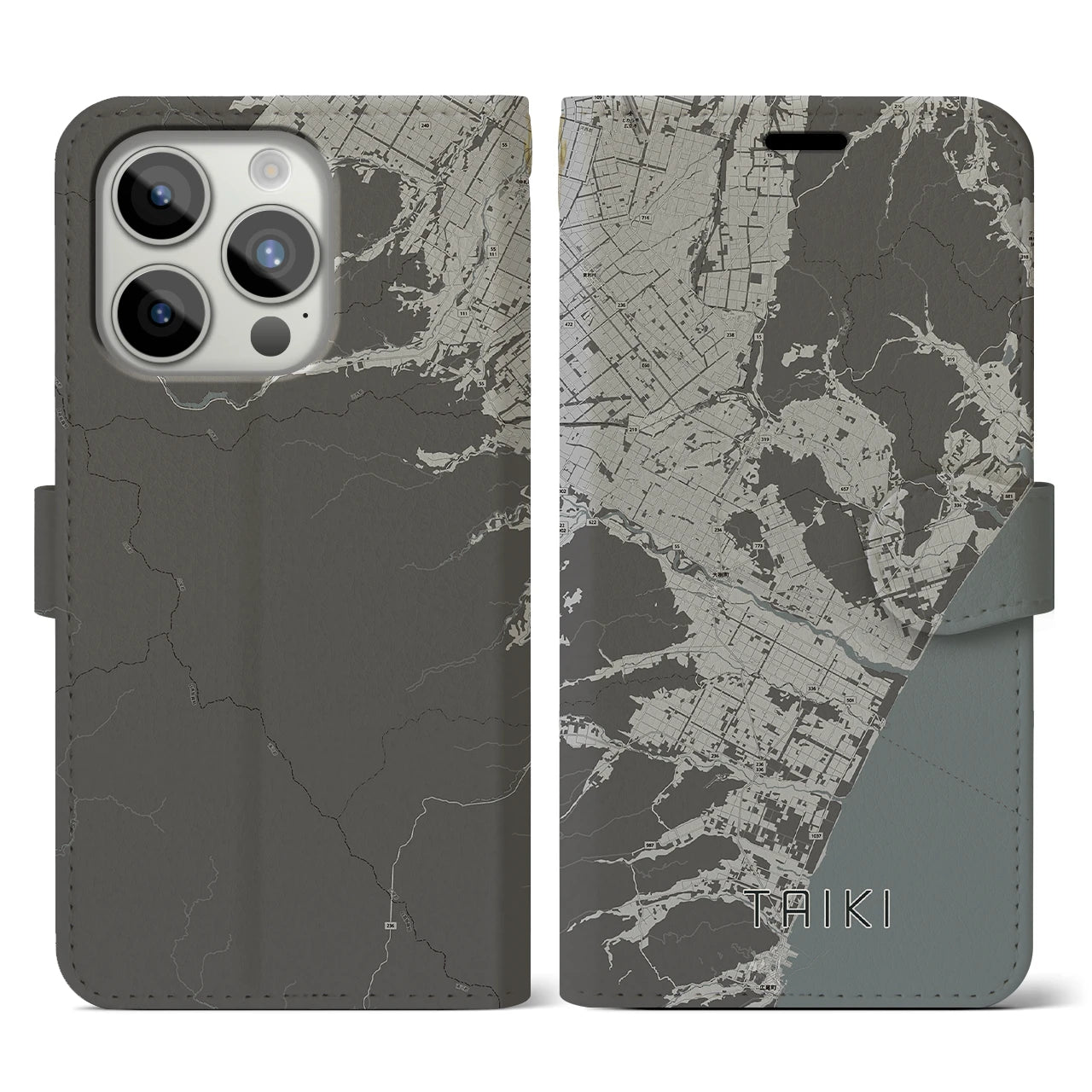 【大樹(北海道)】地図柄iPhoneケース(手帳タイプ)モノトーン・iPhone 15 Pro 用