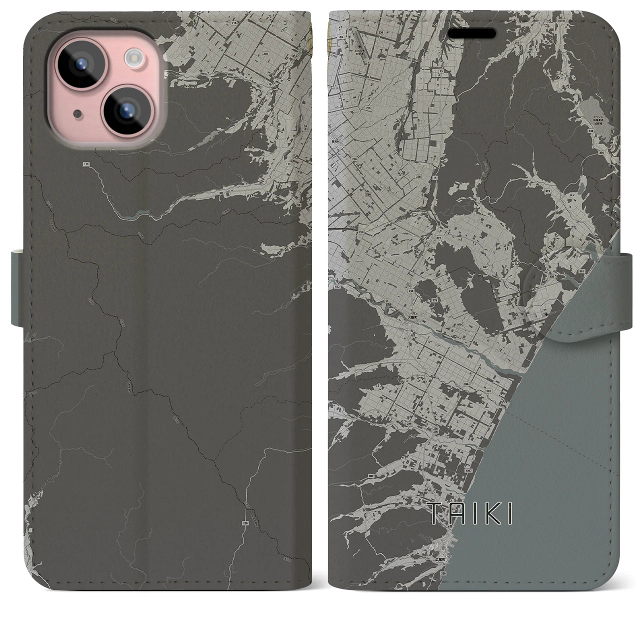 【大樹(北海道)】地図柄iPhoneケース(手帳タイプ)モノトーン・iPhone 15 Plus 用