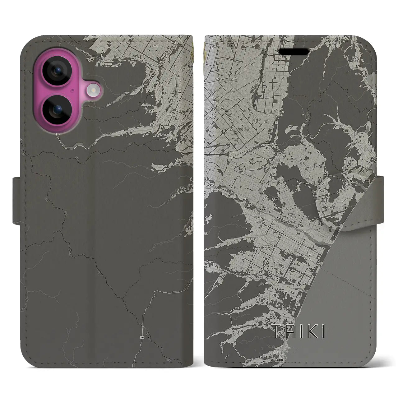 【大樹(北海道)】地図柄iPhoneケース(手帳タイプ)モノトーン・iPhone 16 Pro 用