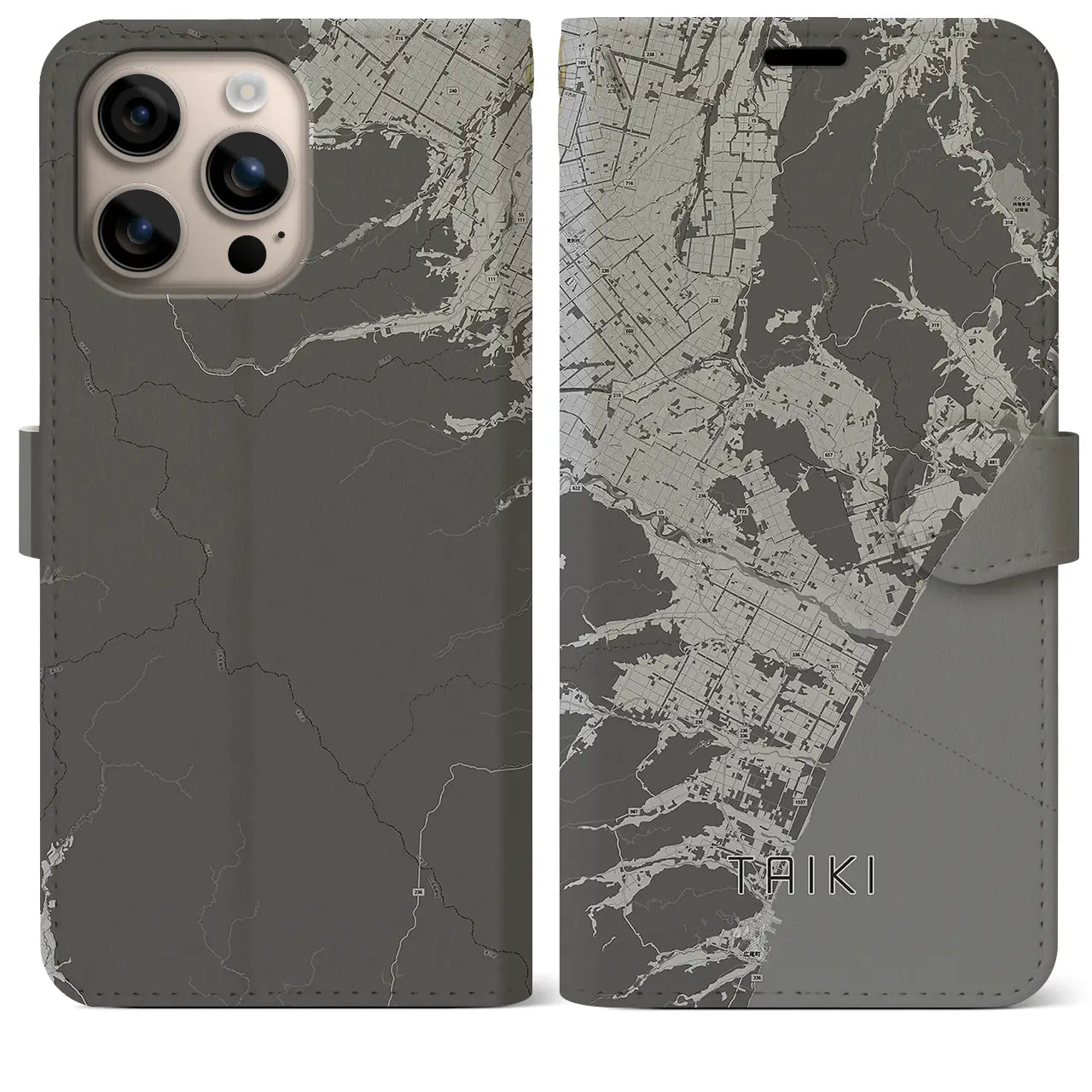 【大樹(北海道)】地図柄iPhoneケース(手帳タイプ)モノトーン・iPhone 16 Plus 用