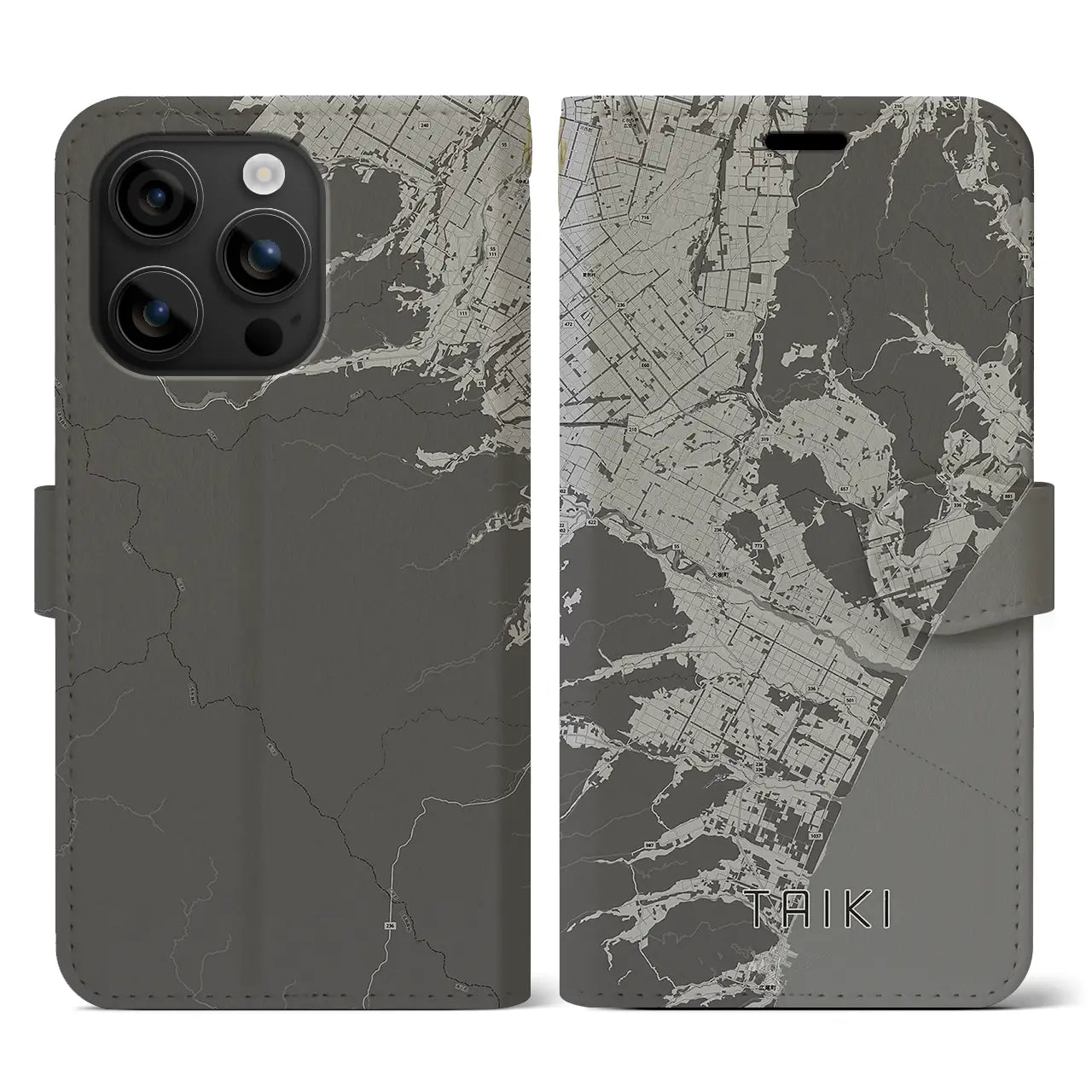 【大樹(北海道)】地図柄iPhoneケース(手帳タイプ)モノトーン・iPhone 16 用