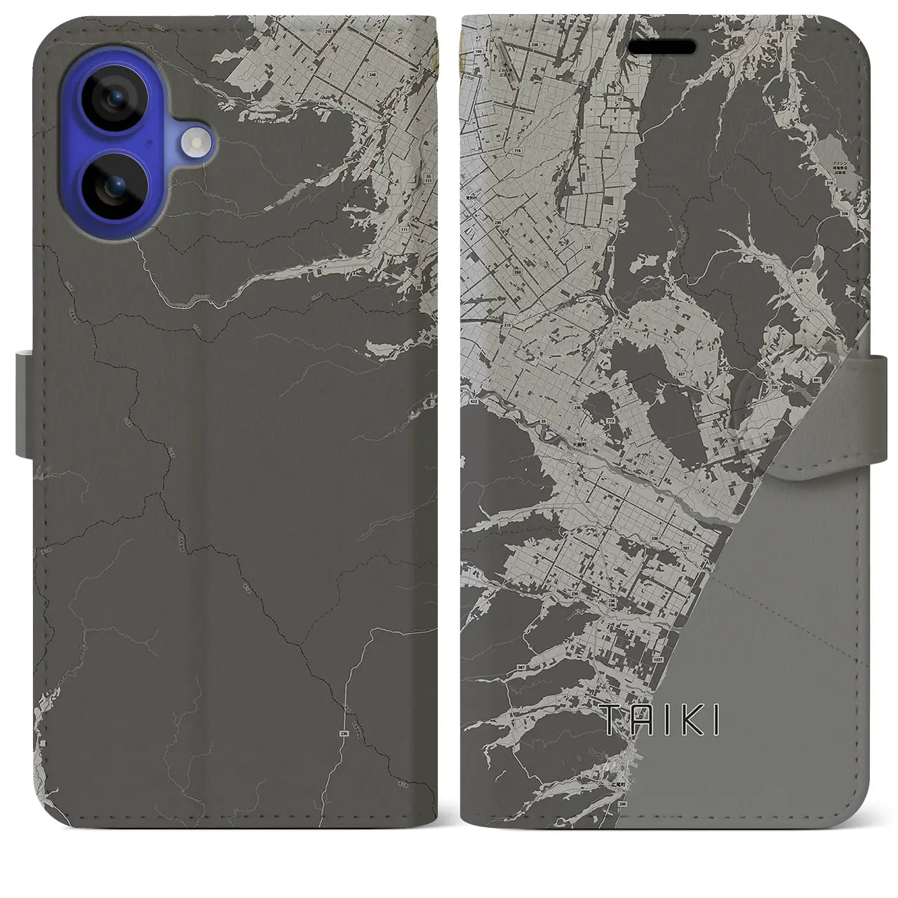 【大樹(北海道)】地図柄iPhoneケース(手帳タイプ)モノトーン・iPhone 16 Pro Max 用