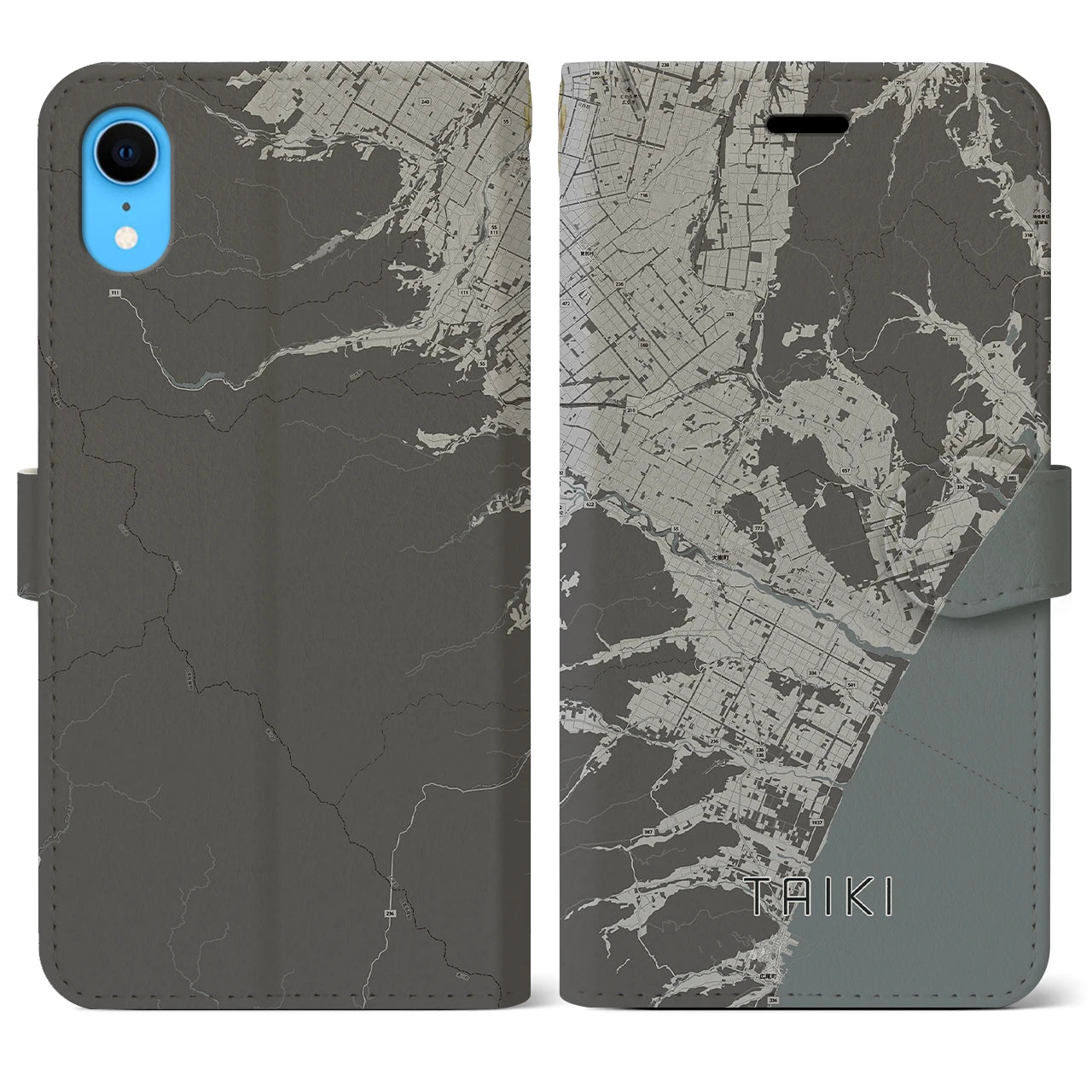 【大樹(北海道)】地図柄iPhoneケース(手帳タイプ)モノトーン・iPhone XR 用