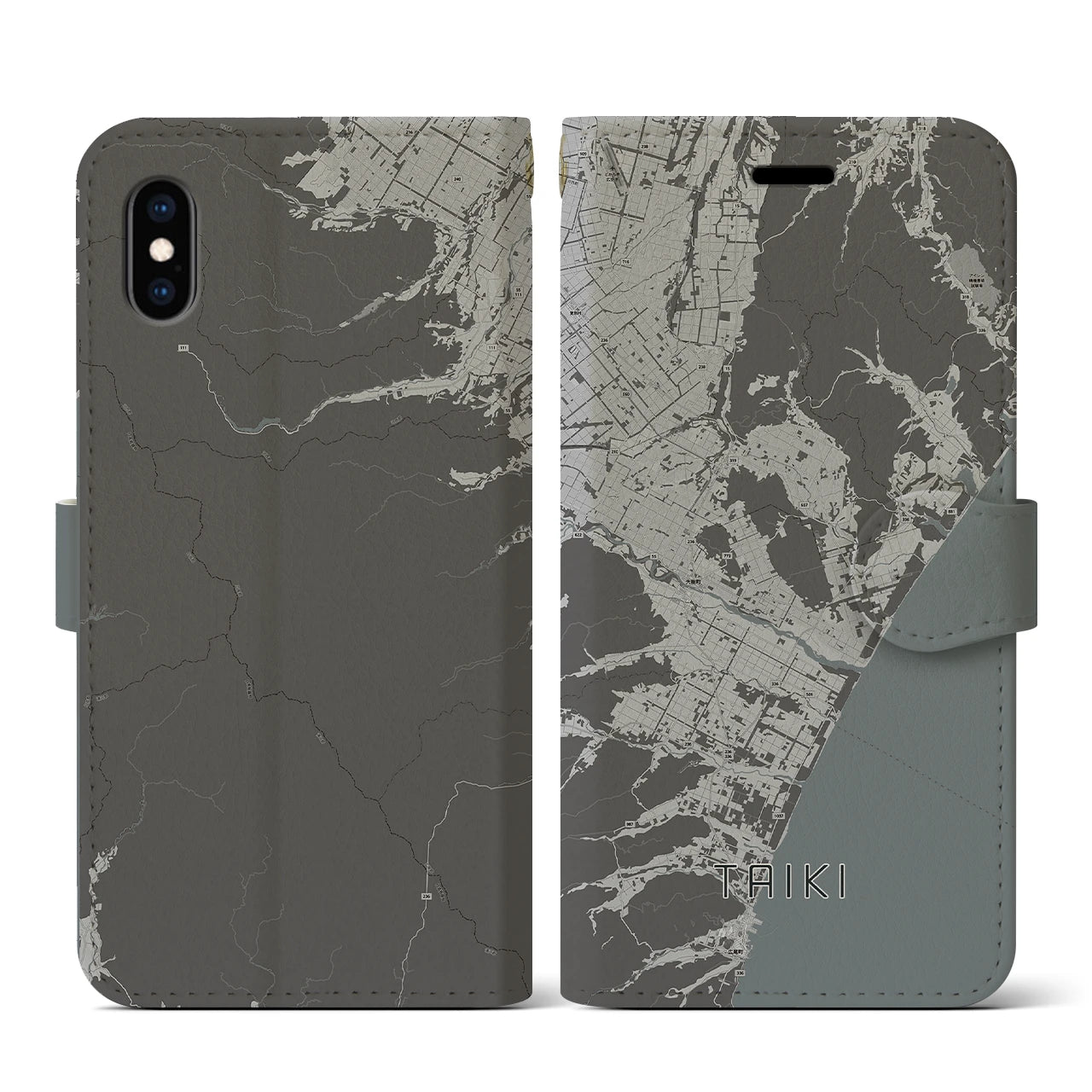 【大樹(北海道)】地図柄iPhoneケース(手帳タイプ)モノトーン・iPhone XS / X 用