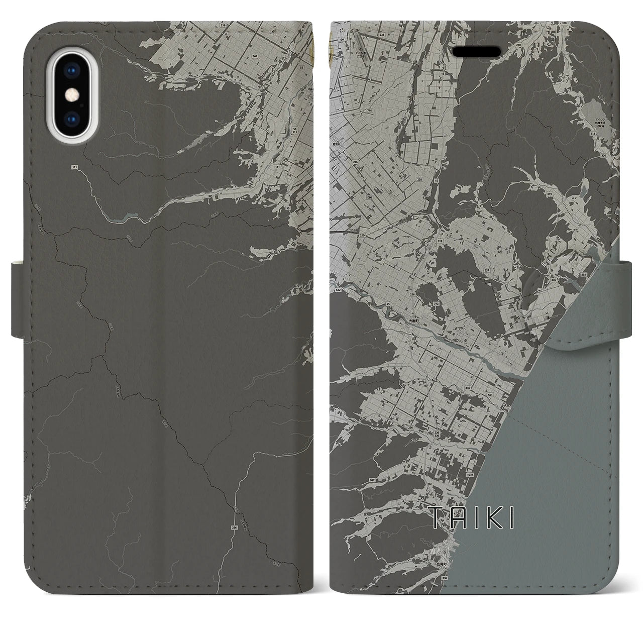 【大樹(北海道)】地図柄iPhoneケース(手帳タイプ)モノトーン・iPhone XS Max 用