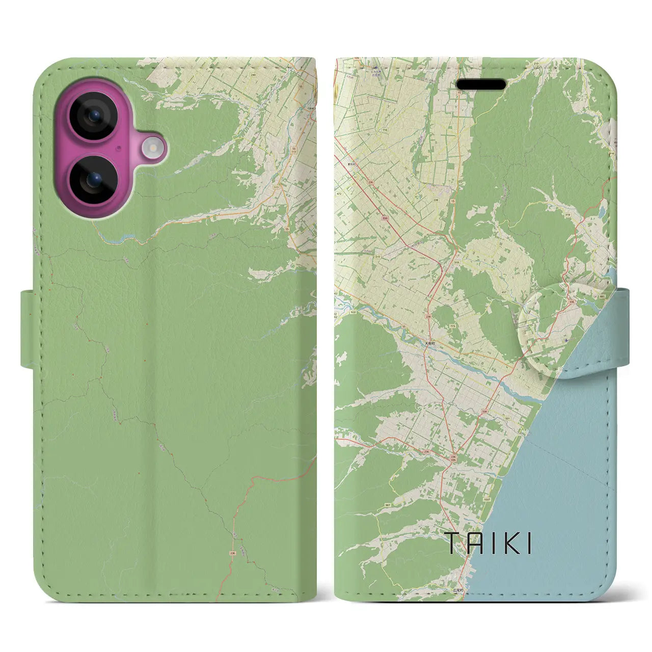 【大樹(北海道)】地図柄iPhoneケース(手帳タイプ)ナチュラル・iPhone 16 Pro 用