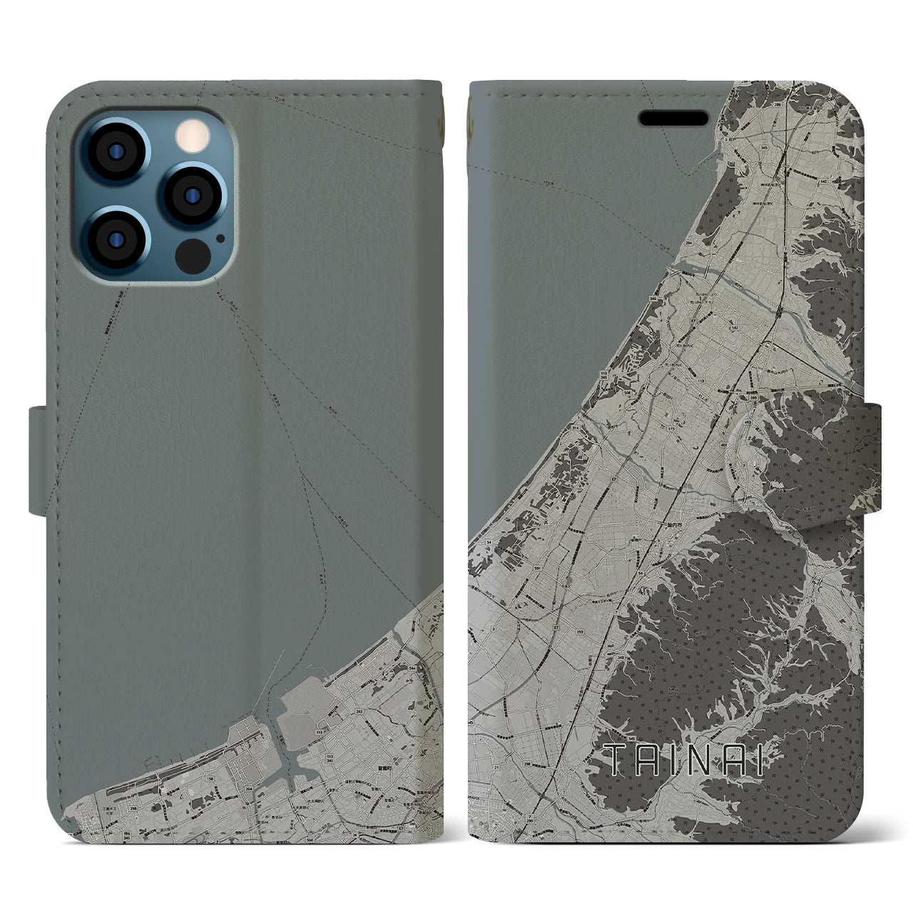 【胎内(新潟県)】地図柄iPhoneケース(手帳タイプ)モノトーン・iPhone 12 / 12 Pro 用