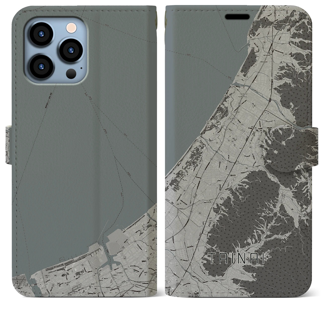 【胎内(新潟県)】地図柄iPhoneケース(手帳タイプ)モノトーン・iPhone 13 Pro Max 用