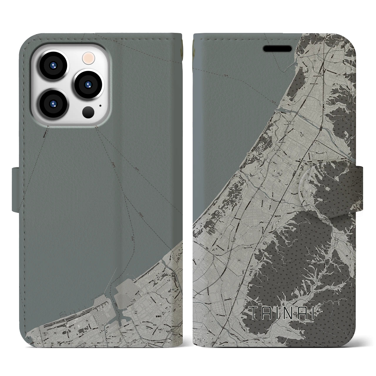 【胎内(新潟県)】地図柄iPhoneケース(手帳タイプ)モノトーン・iPhone 13 Pro 用