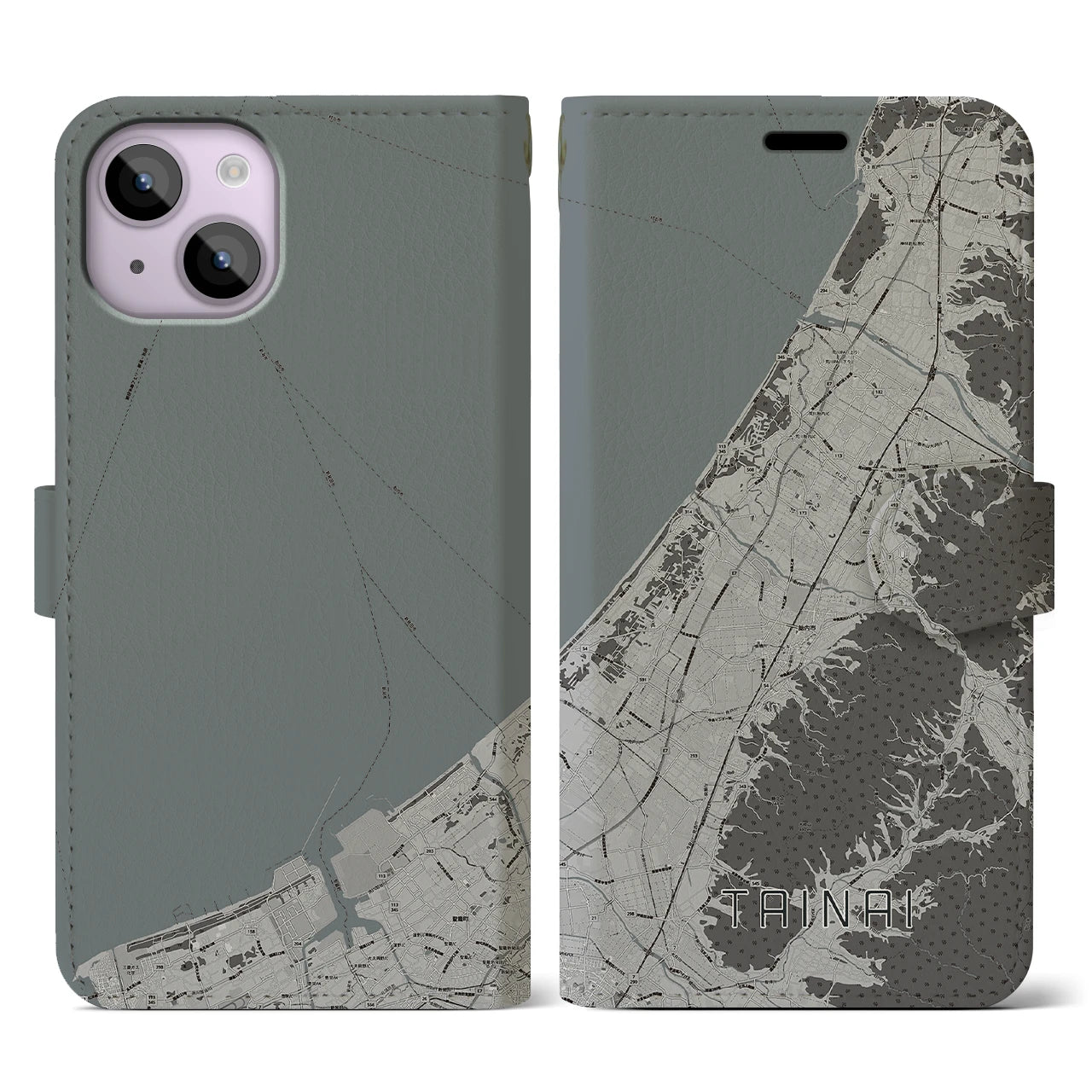 【胎内(新潟県)】地図柄iPhoneケース(手帳タイプ)モノトーン・iPhone 14 用