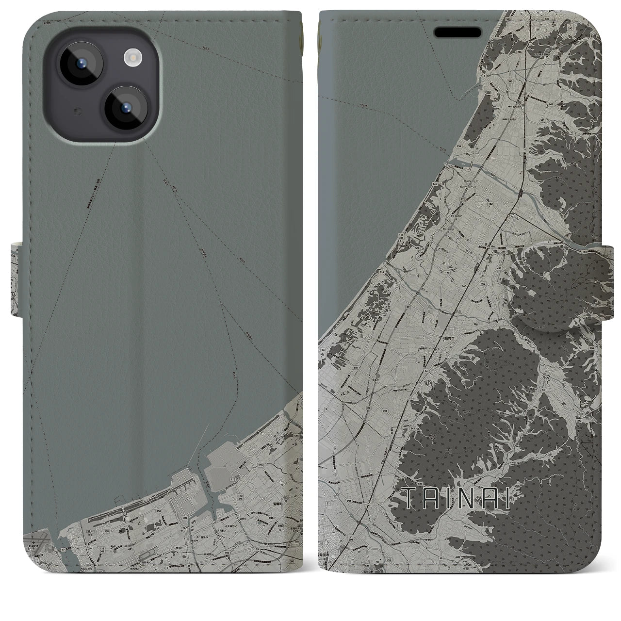 【胎内(新潟県)】地図柄iPhoneケース(手帳タイプ)モノトーン・iPhone 14 Plus 用