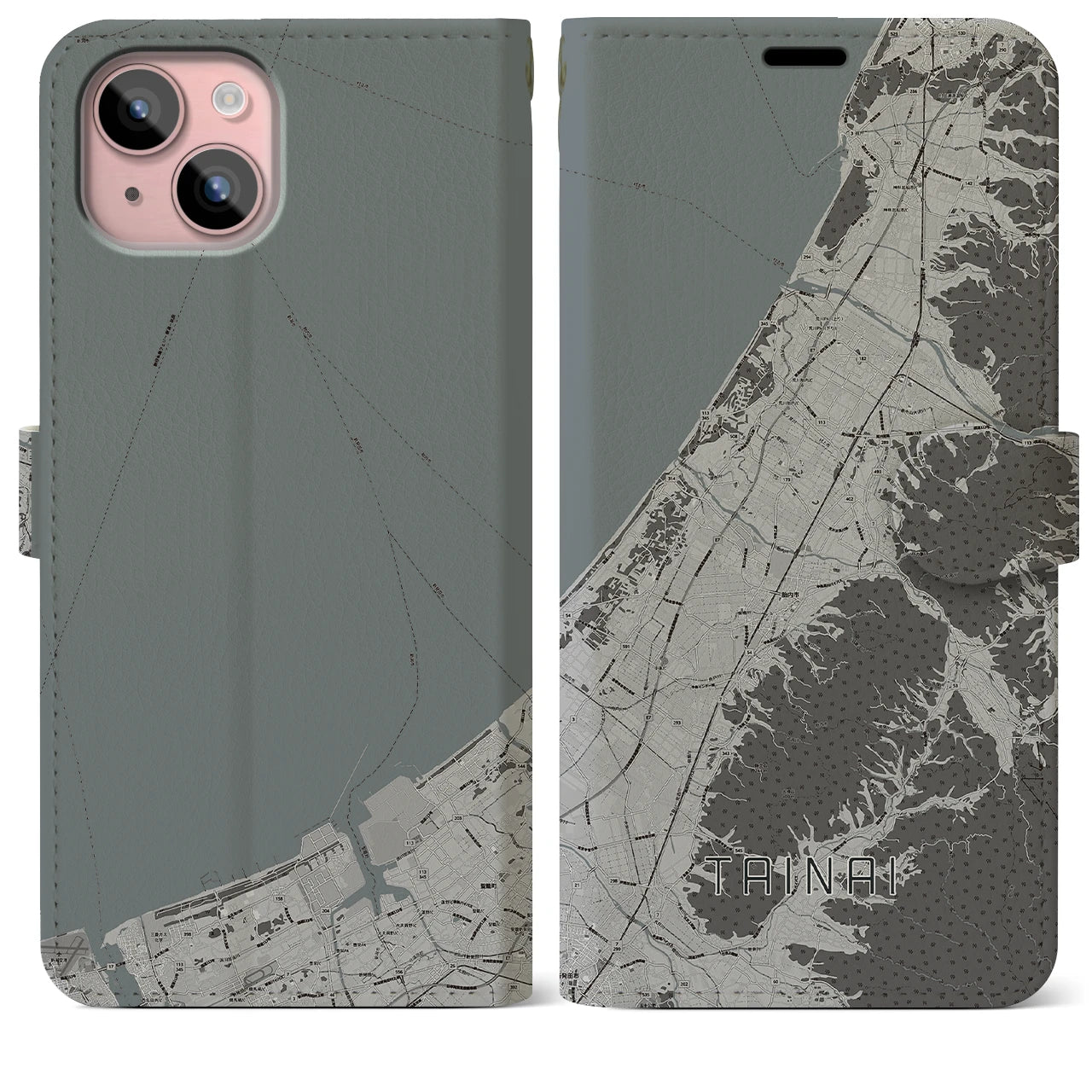 【胎内(新潟県)】地図柄iPhoneケース(手帳タイプ)モノトーン・iPhone 15 Plus 用