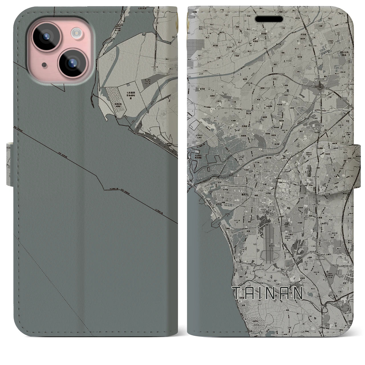 【台南(台湾)】地図柄iPhoneケース(手帳タイプ)モノトーン・iPhone 15 Plus 用