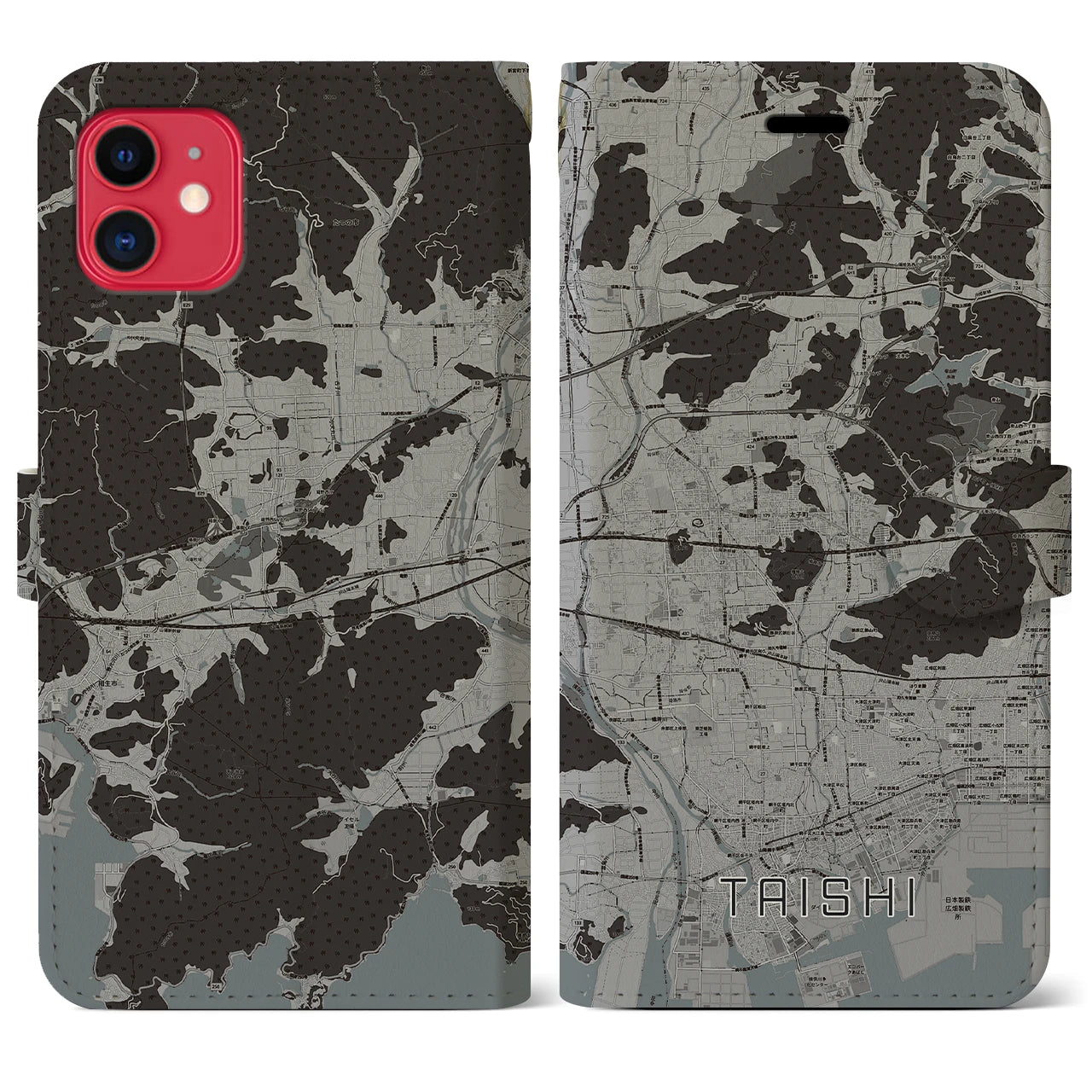 【太子(兵庫県)】地図柄iPhoneケース(手帳タイプ)モノトーン・iPhone 11 用