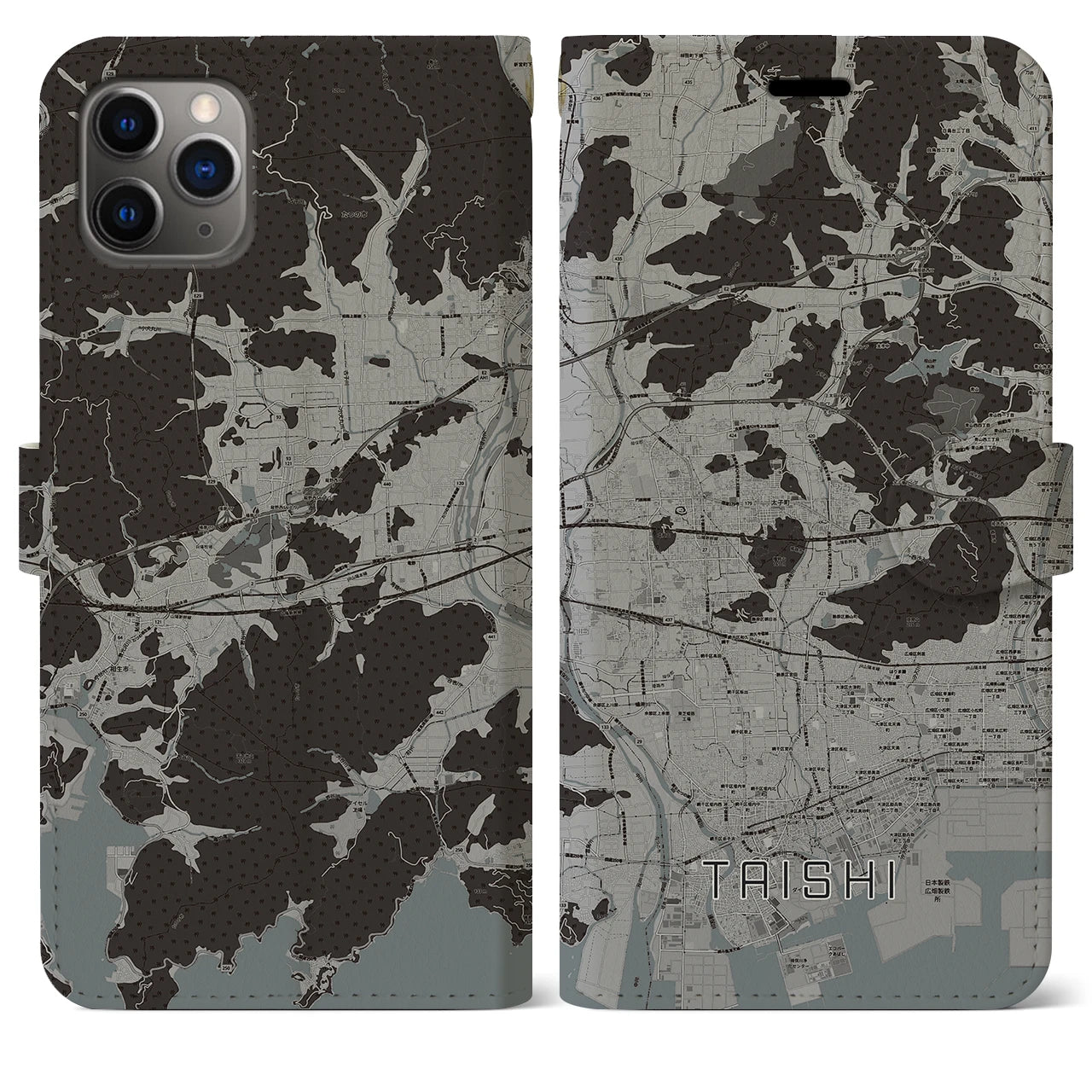 【太子(兵庫県)】地図柄iPhoneケース(手帳タイプ)モノトーン・iPhone 11 Pro Max 用