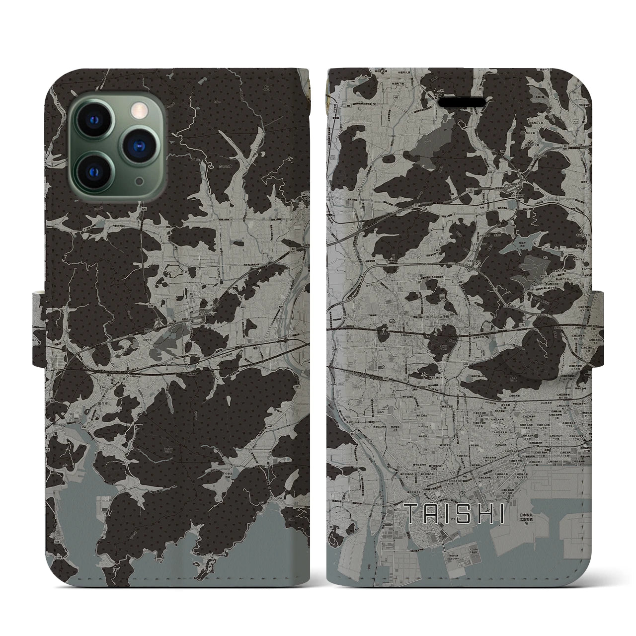 【太子(兵庫県)】地図柄iPhoneケース(手帳タイプ)モノトーン・iPhone 11 Pro 用