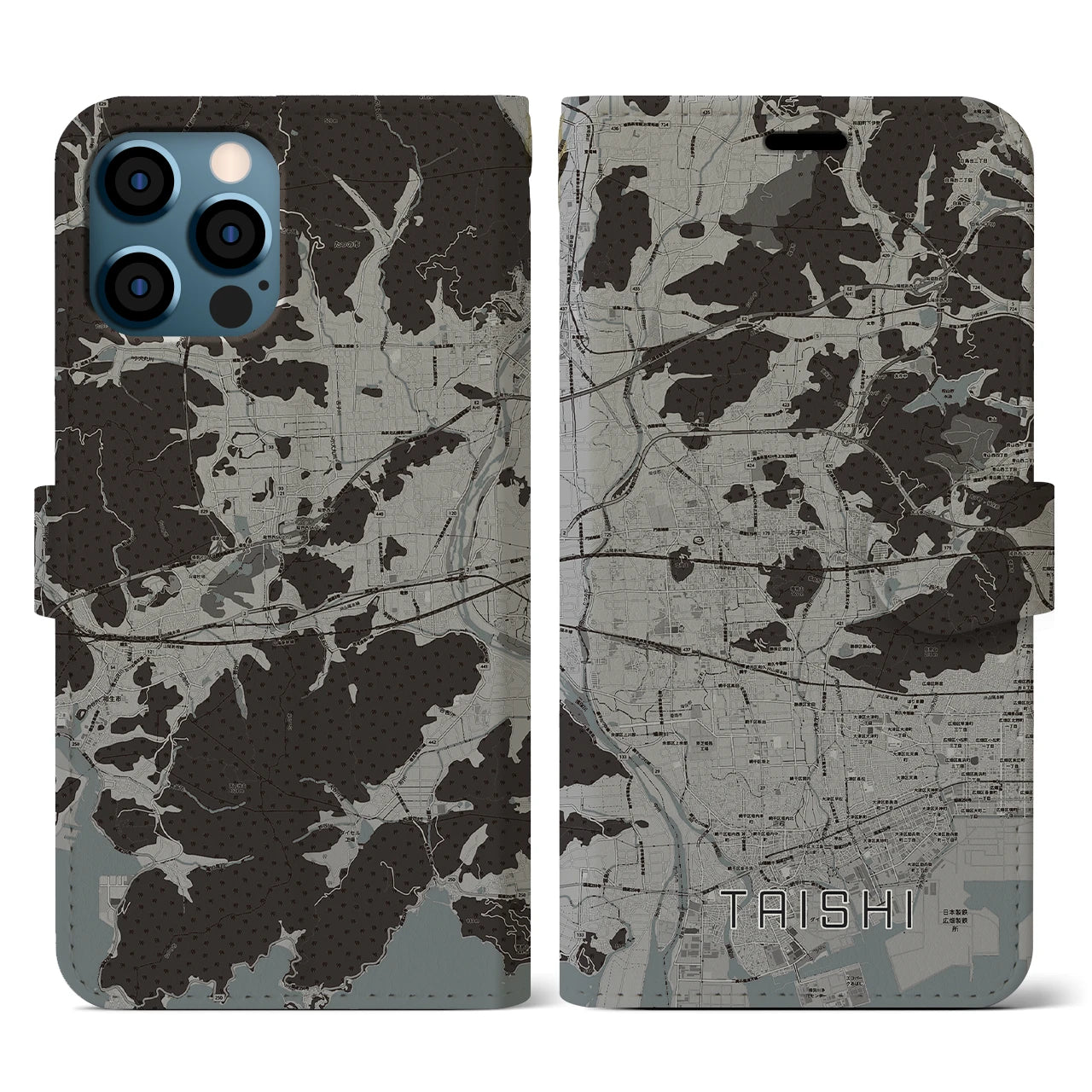 【太子(兵庫県)】地図柄iPhoneケース(手帳タイプ)モノトーン・iPhone 12 / 12 Pro 用