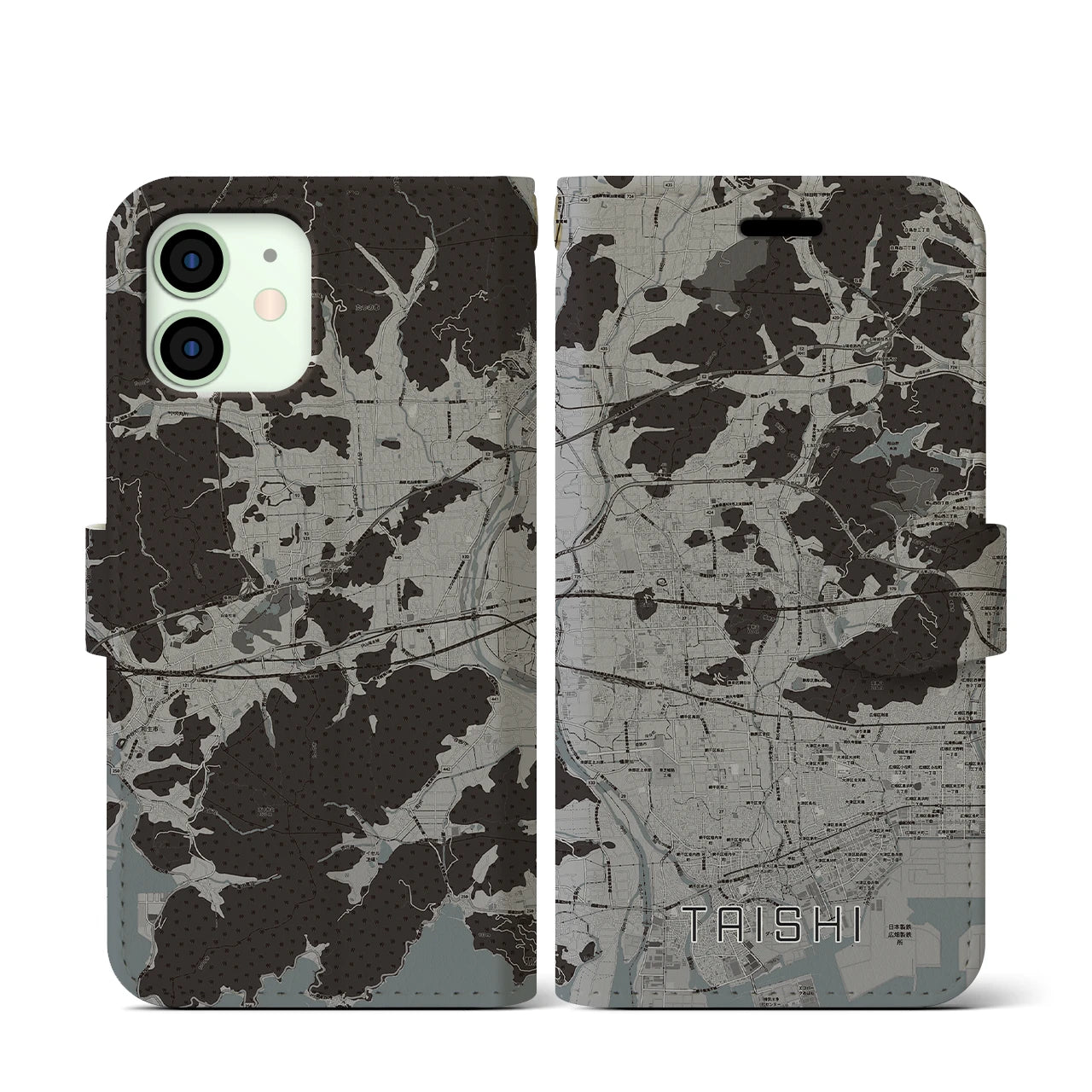 【太子(兵庫県)】地図柄iPhoneケース(手帳タイプ)モノトーン・iPhone 12 mini 用