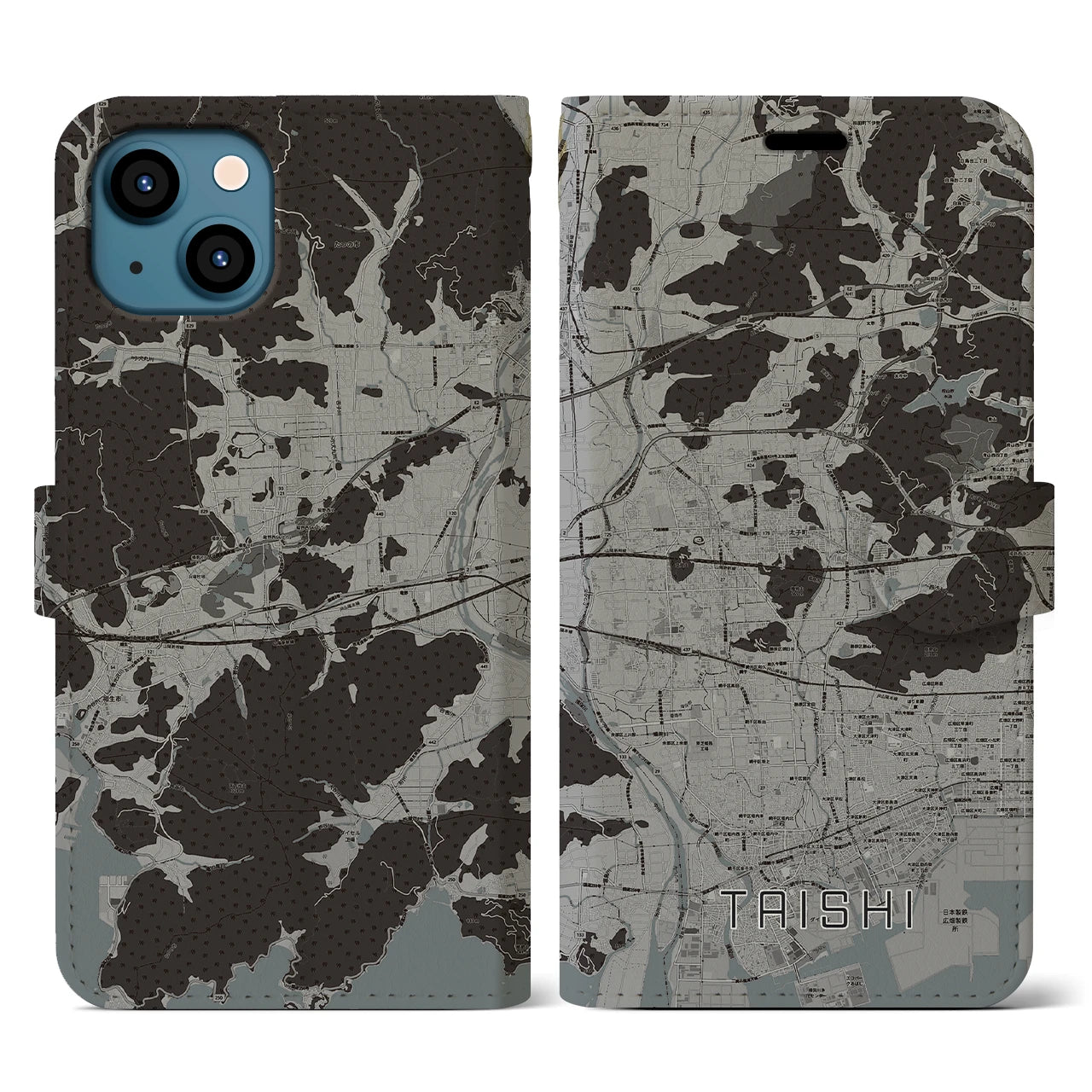 【太子(兵庫県)】地図柄iPhoneケース(手帳タイプ)モノトーン・iPhone 13 用