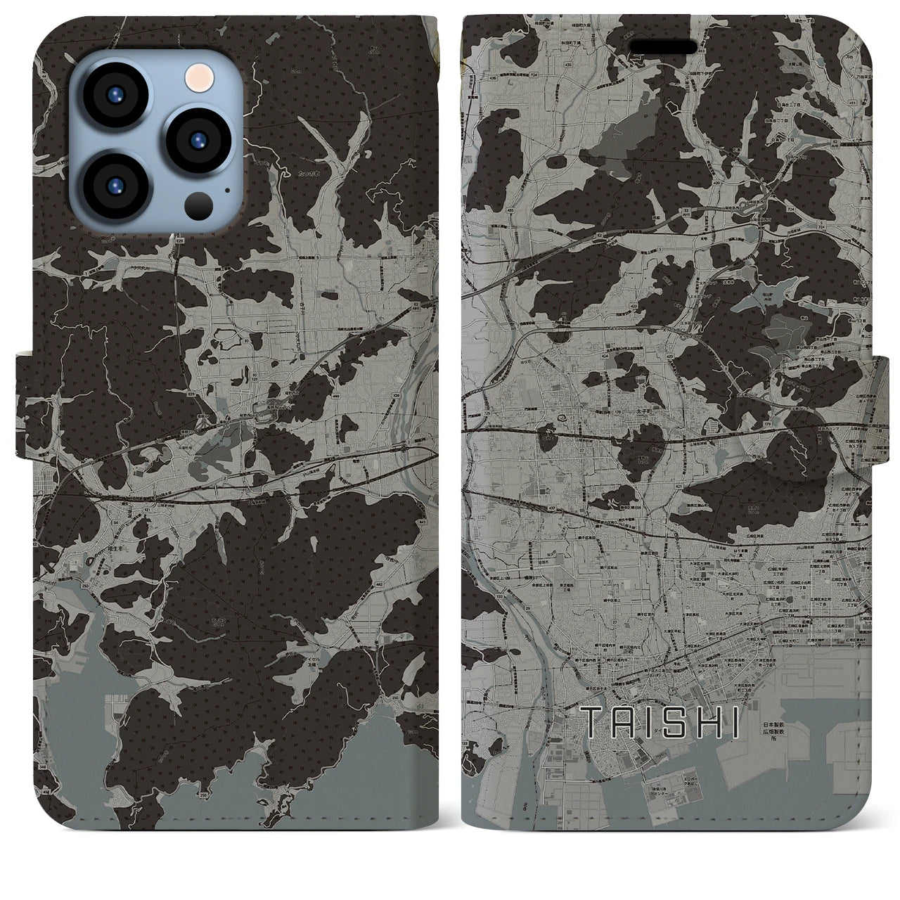 【太子(兵庫県)】地図柄iPhoneケース(手帳タイプ)モノトーン・iPhone 13 Pro Max 用