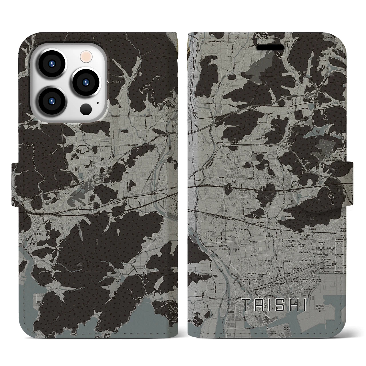 【太子(兵庫県)】地図柄iPhoneケース(手帳タイプ)モノトーン・iPhone 13 Pro 用