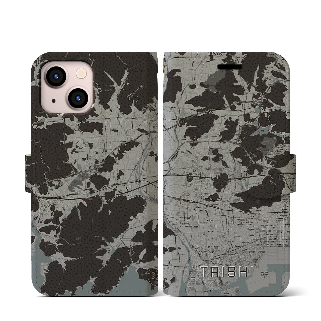 【太子(兵庫県)】地図柄iPhoneケース(手帳タイプ)モノトーン・iPhone 13 mini 用