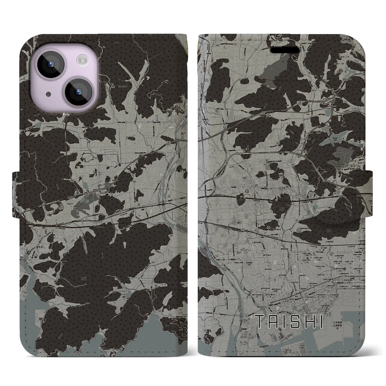 【太子(兵庫県)】地図柄iPhoneケース(手帳タイプ)モノトーン・iPhone 14 用