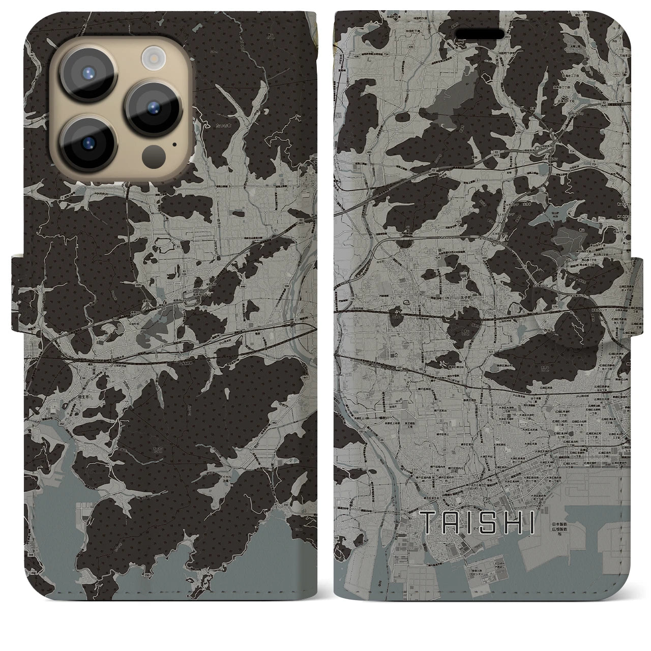 【太子(兵庫県)】地図柄iPhoneケース(手帳タイプ)モノトーン・iPhone 14 Pro Max 用