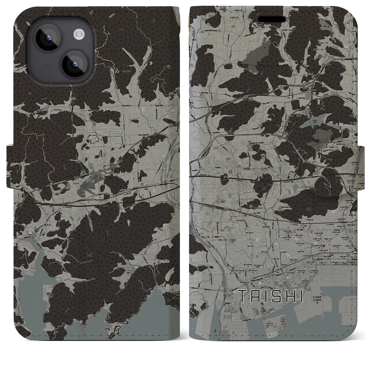 【太子(兵庫県)】地図柄iPhoneケース(手帳タイプ)モノトーン・iPhone 14 Plus 用