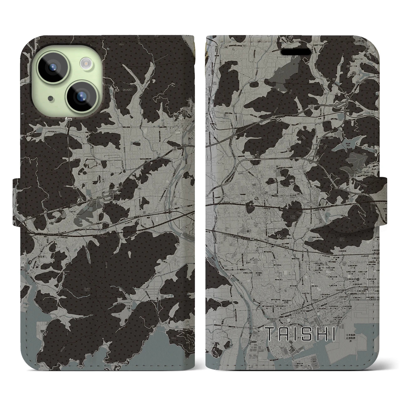 【太子(兵庫県)】地図柄iPhoneケース(手帳タイプ)モノトーン・iPhone 15 用
