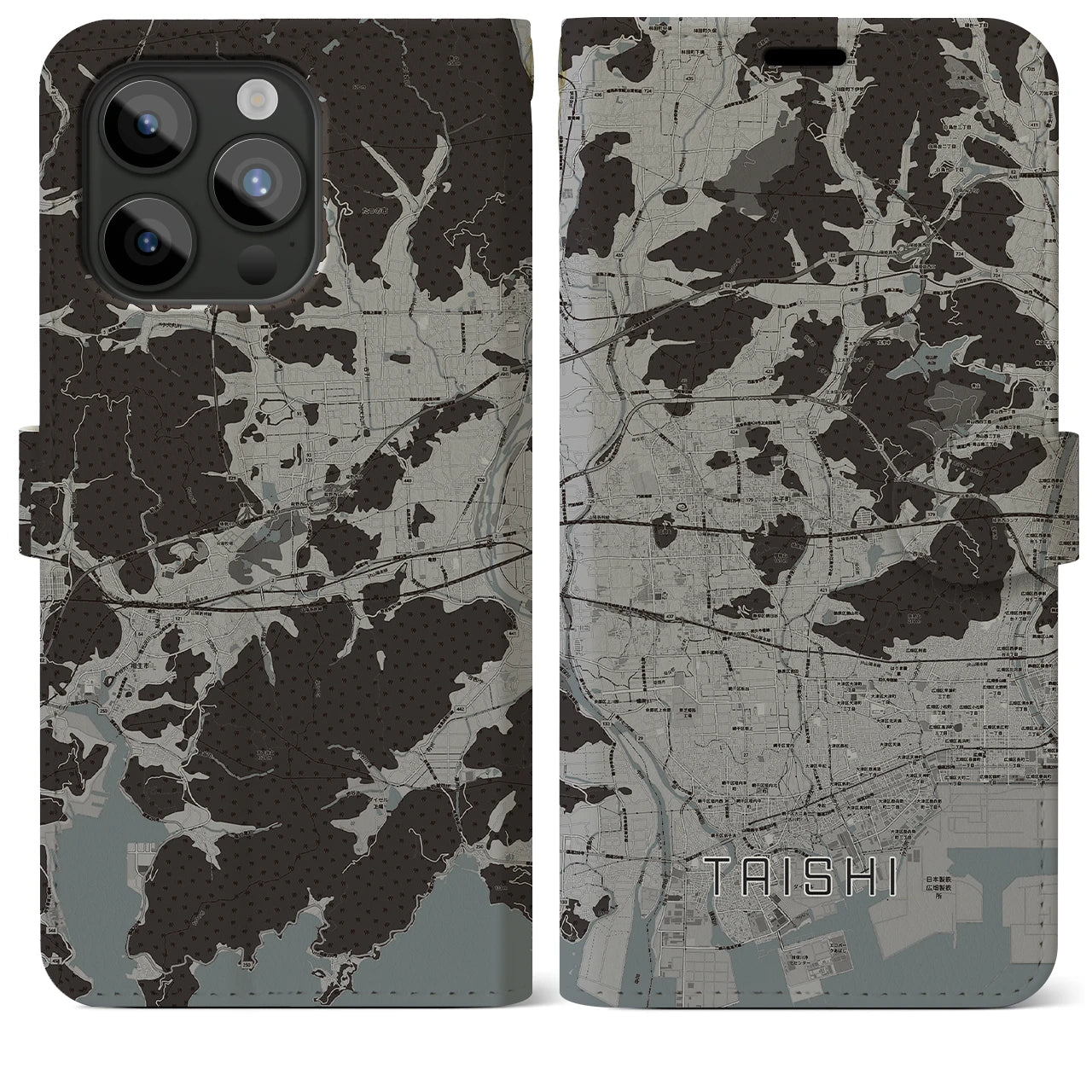 【太子(兵庫県)】地図柄iPhoneケース(手帳タイプ)モノトーン・iPhone 15 Pro Max 用