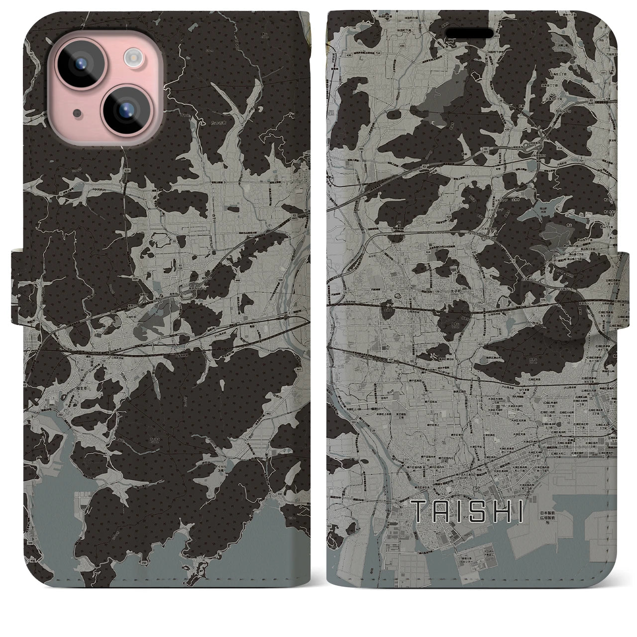【太子(兵庫県)】地図柄iPhoneケース(手帳タイプ)モノトーン・iPhone 15 Plus 用