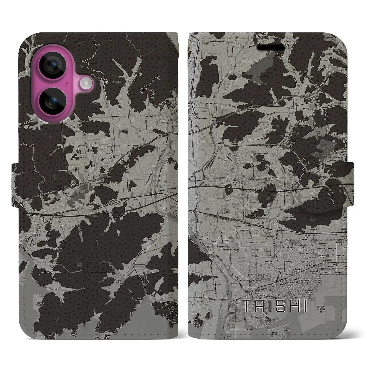 【太子(兵庫県)】地図柄iPhoneケース(手帳タイプ)モノトーン・iPhone 16 Pro 用