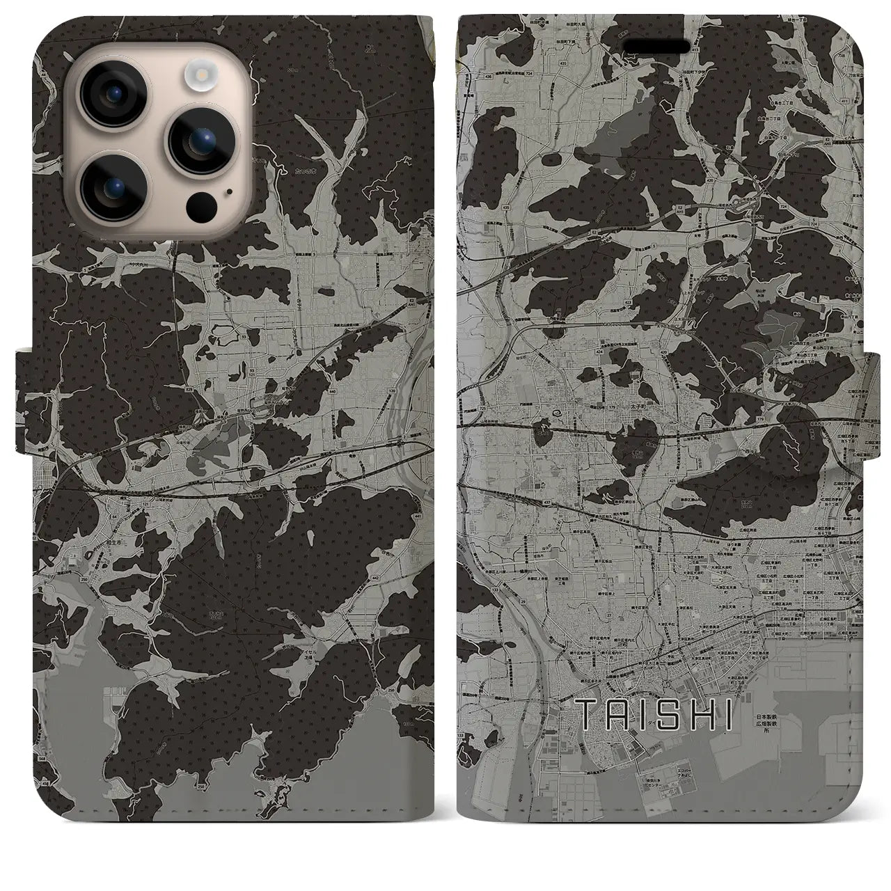 【太子(兵庫県)】地図柄iPhoneケース(手帳タイプ)モノトーン・iPhone 16 Plus 用