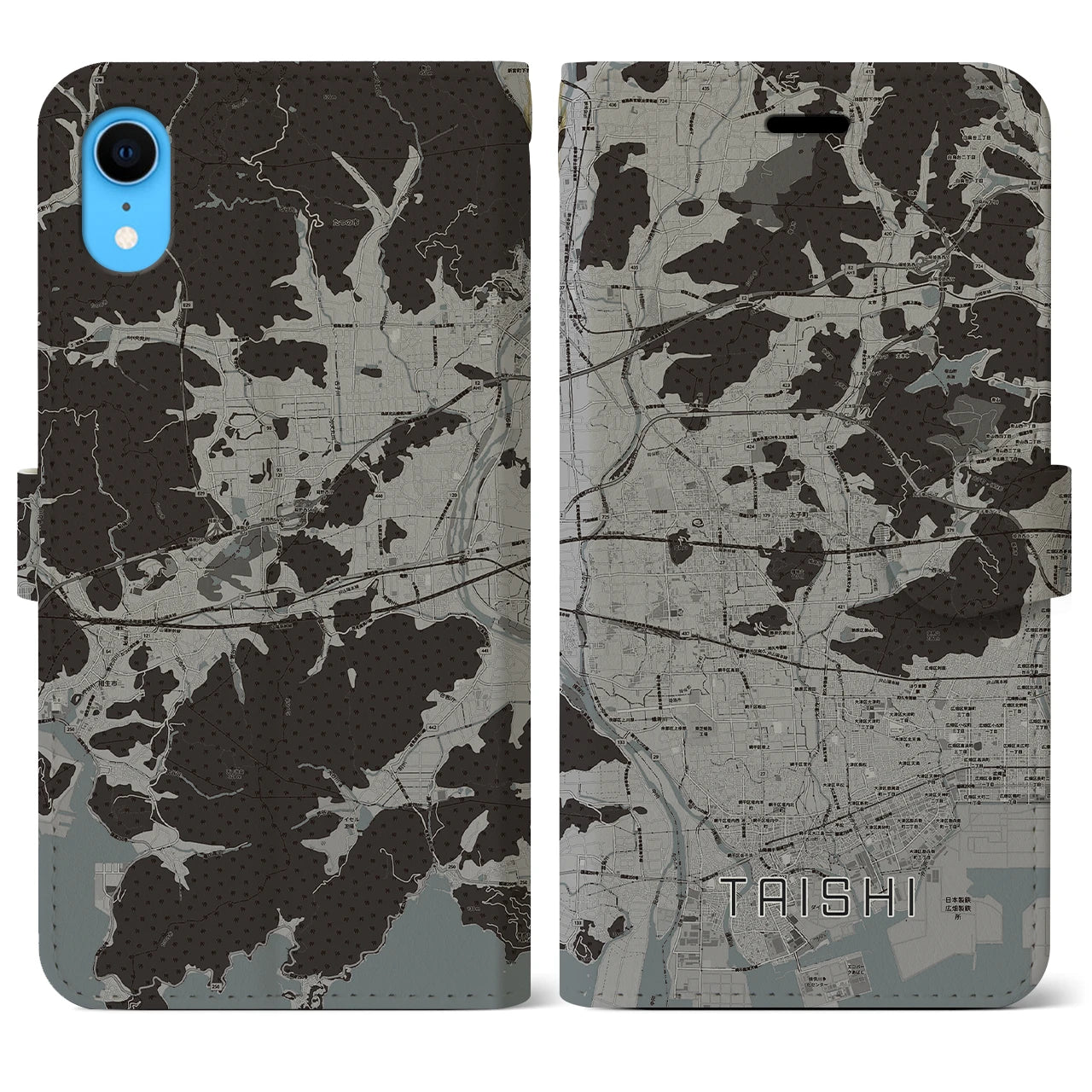 【太子(兵庫県)】地図柄iPhoneケース(手帳タイプ)モノトーン・iPhone XR 用