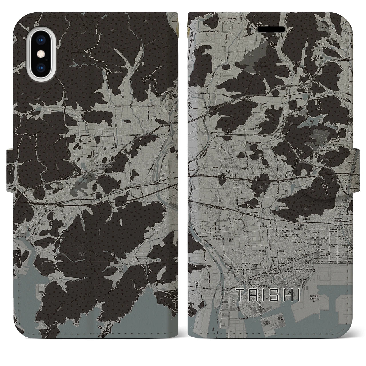【太子(兵庫県)】地図柄iPhoneケース(手帳タイプ)モノトーン・iPhone XS Max 用